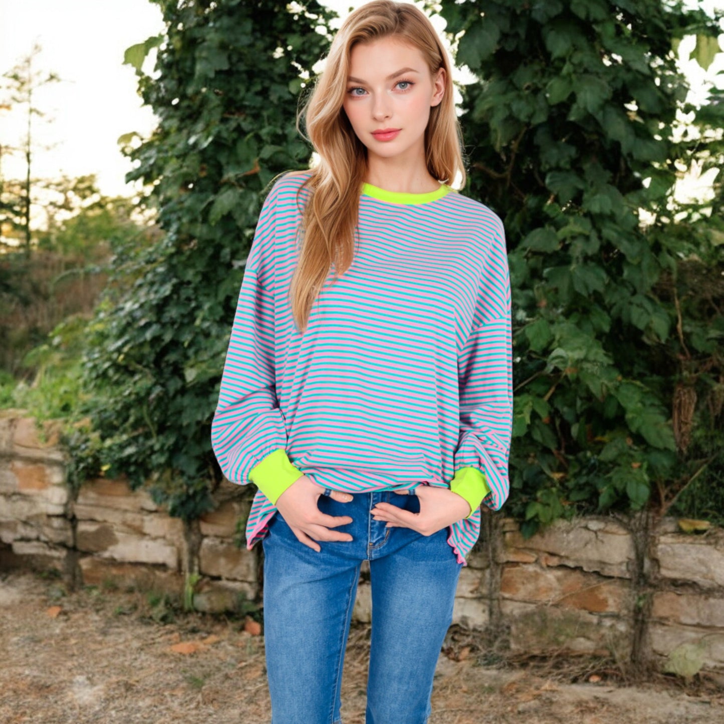 Anna-Kaci Women's Striped Long Sleeve Oversized Pullover Top with Ribbed Crew Neck