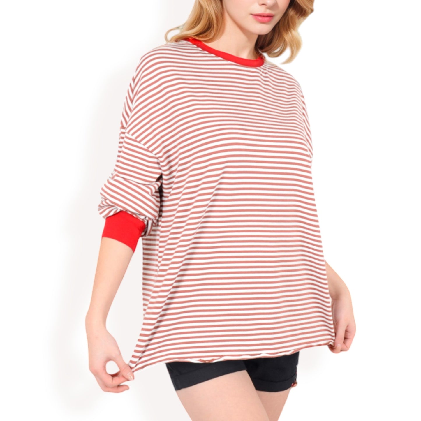 Anna-Kaci Women's Striped Long Sleeve Oversized Pullover Top with Ribbed Crew Neck