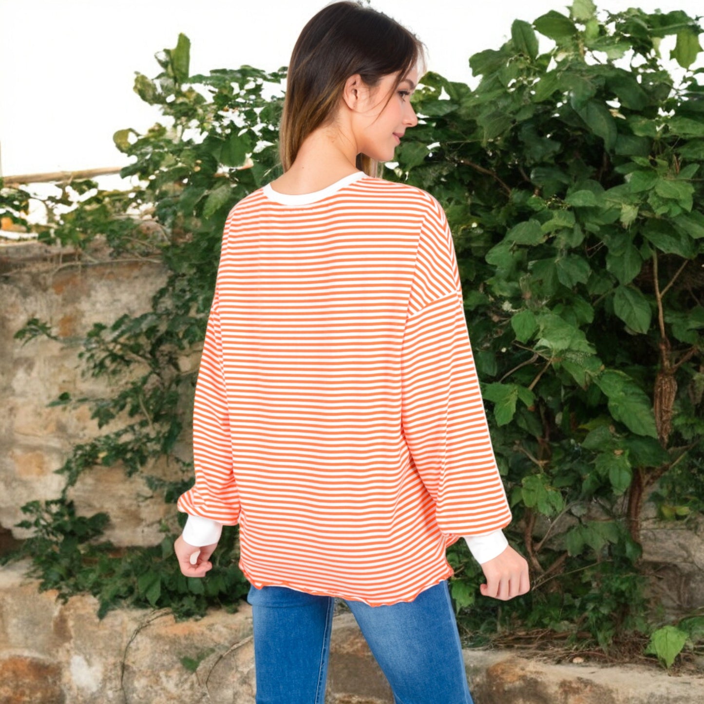 Anna-Kaci Women's Striped Long Sleeve Oversized Pullover Top with Ribbed Crew Neck