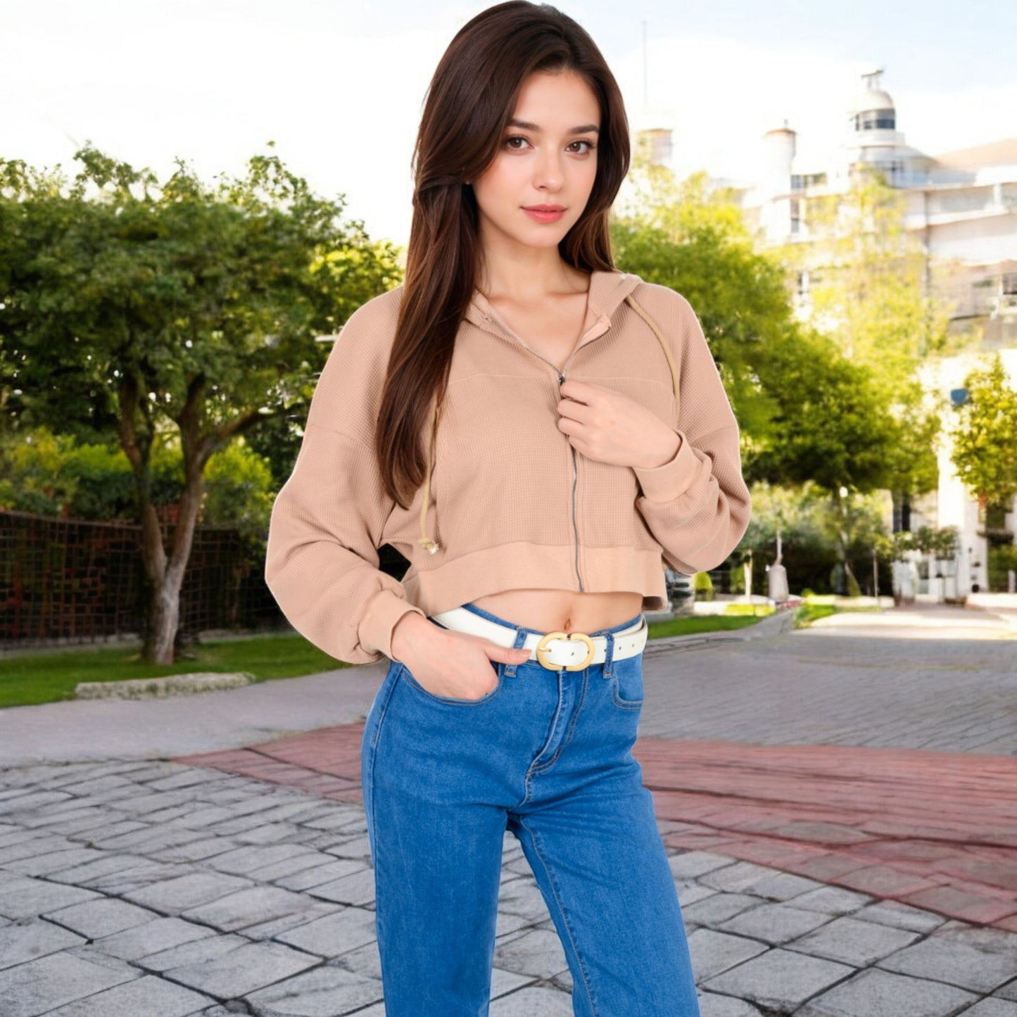 Anna-Kaci Women's Cropped Waffle Knit Zip-Up Hoodie with Drawstring