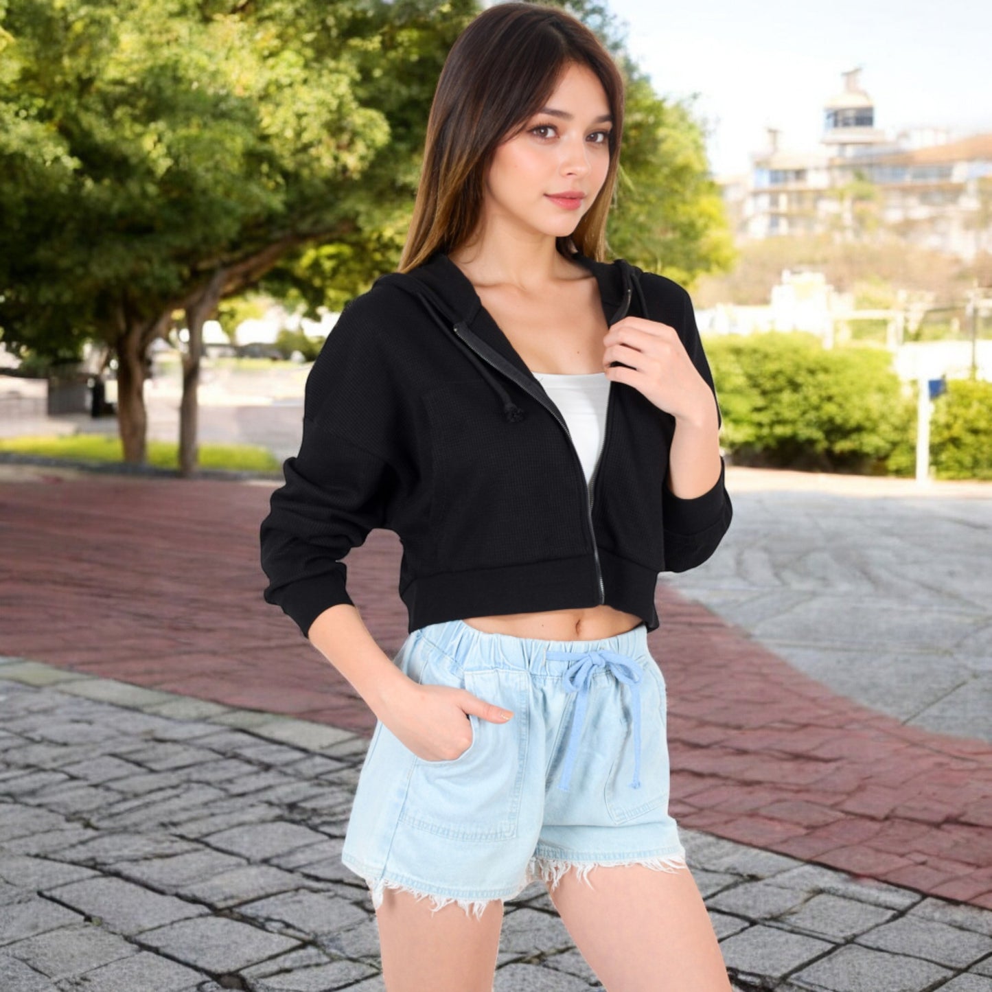 Anna-Kaci Women's Cropped Waffle Knit Zip-Up Hoodie with Drawstring