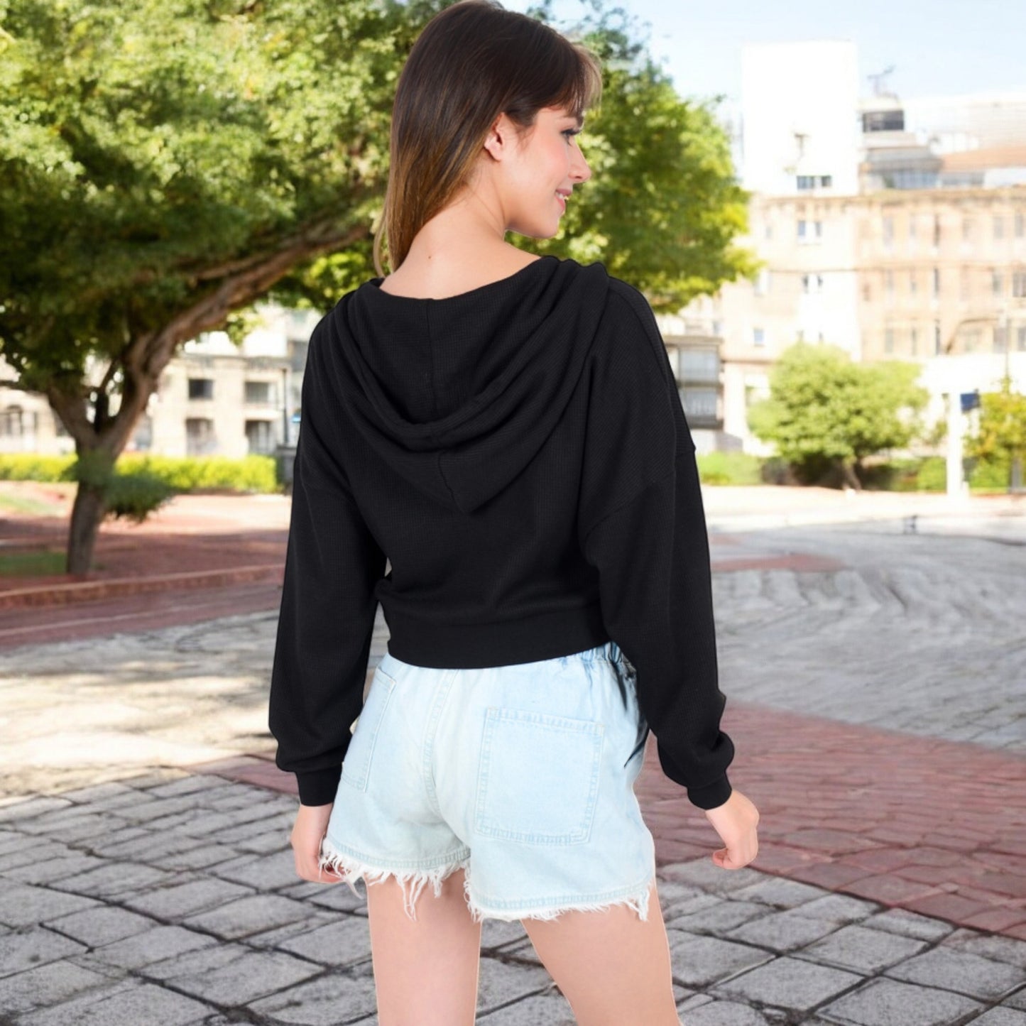 Anna-Kaci Women's Cropped Waffle Knit Zip-Up Hoodie with Drawstring