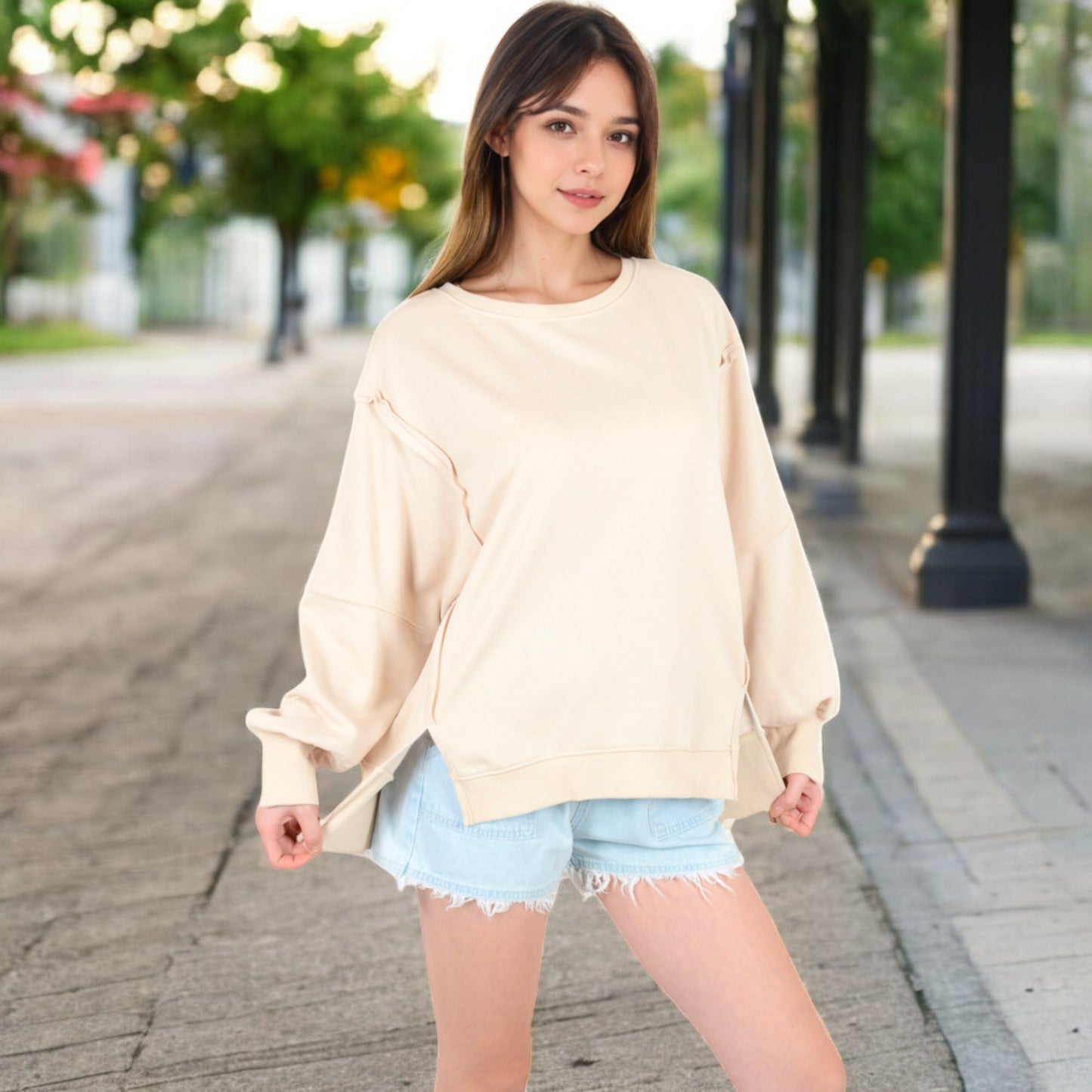 Anna-Kaci Women's Oversized Long Sleeve Pullover Sweatshirt with Drop Shoulders and Side Slits
