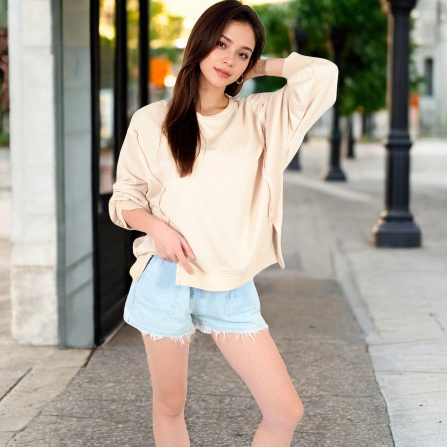Anna-Kaci Women's Oversized Long Sleeve Pullover Sweatshirt with Drop Shoulders and Side Slits
