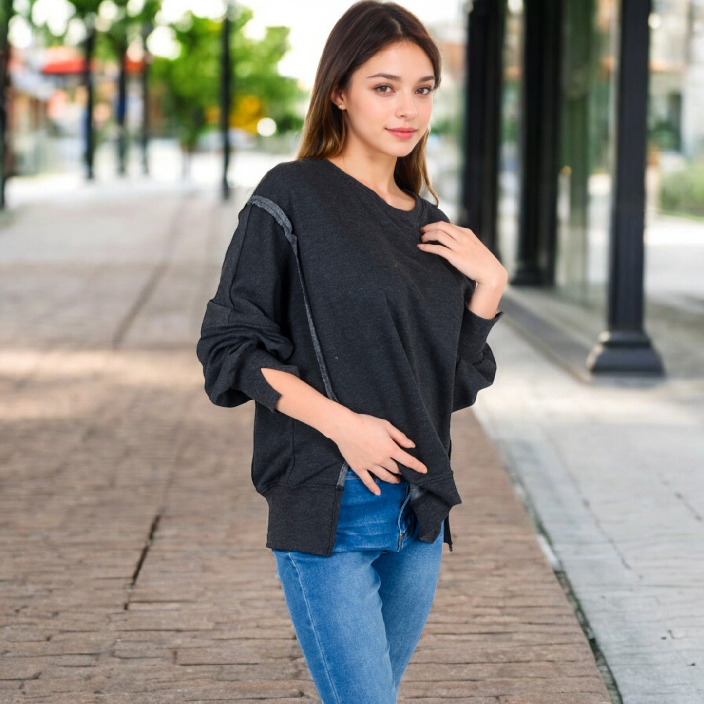 Anna-Kaci Women's Oversized Long Sleeve Pullover Sweatshirt with Drop Shoulders and Side Slits