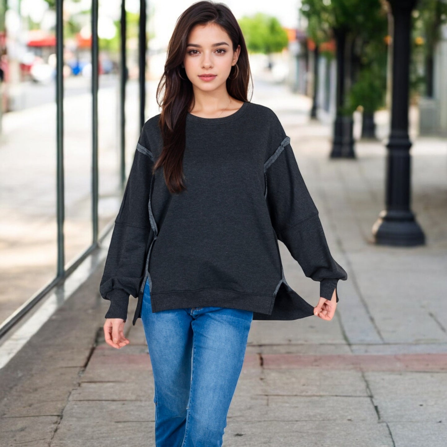 Anna-Kaci Women's Oversized Long Sleeve Pullover Sweatshirt with Drop Shoulders and Side Slits