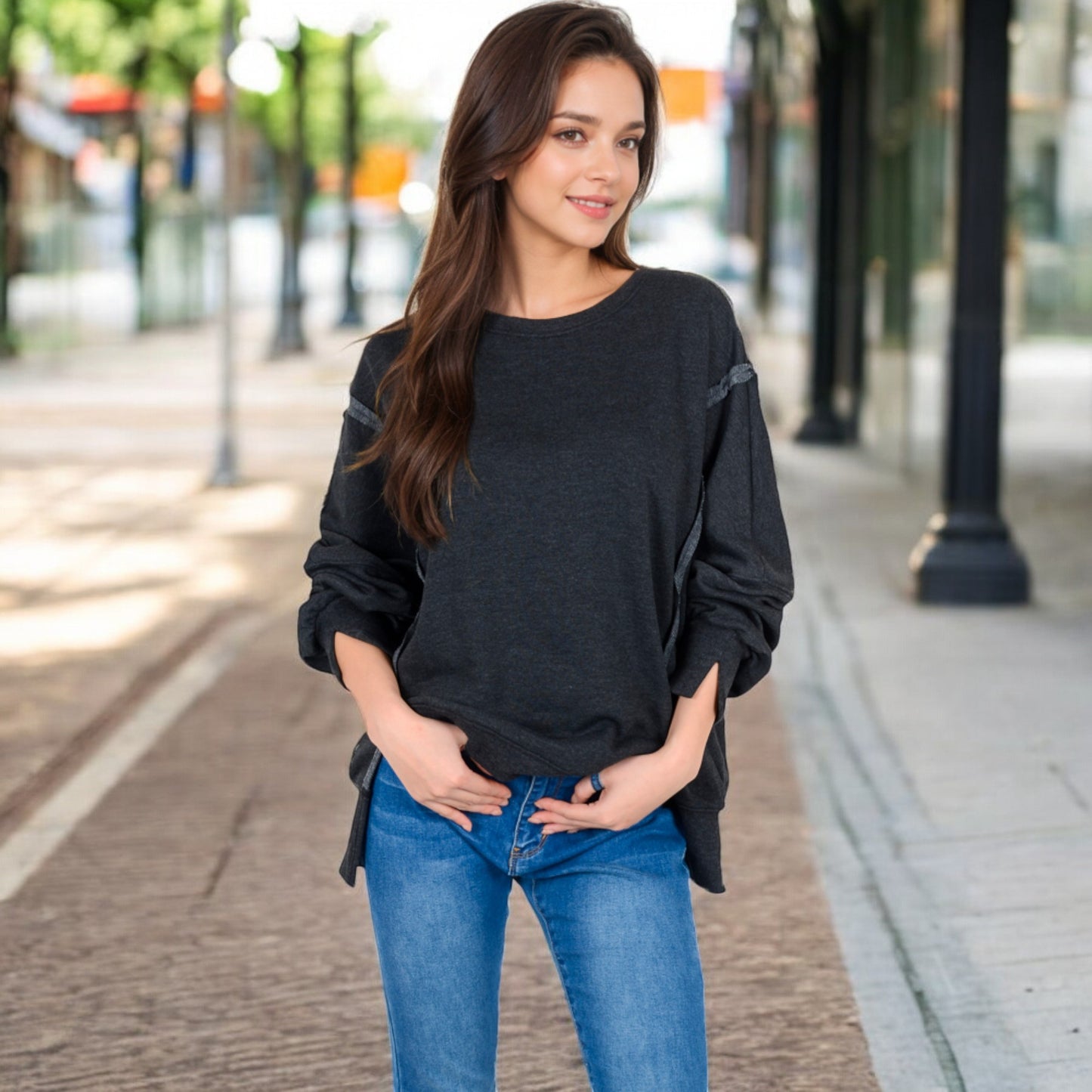 Anna-Kaci Women's Oversized Long Sleeve Pullover Sweatshirt with Drop Shoulders and Side Slits