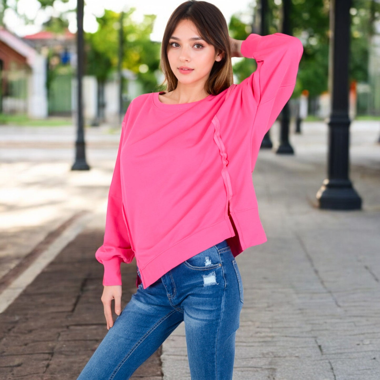 Anna-Kaci Women's Oversized Long Sleeve Pullover Sweatshirt with Drop Shoulders and Side Slits