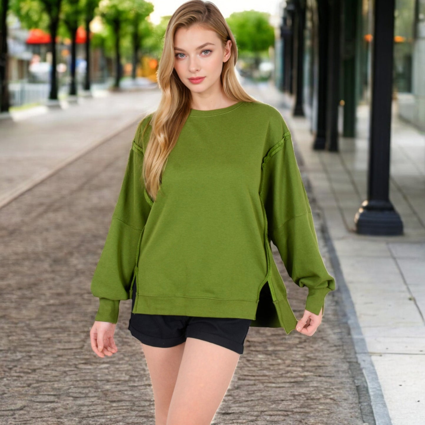 Anna-Kaci Women's Oversized Long Sleeve Pullover Sweatshirt with Drop Shoulders and Side Slits