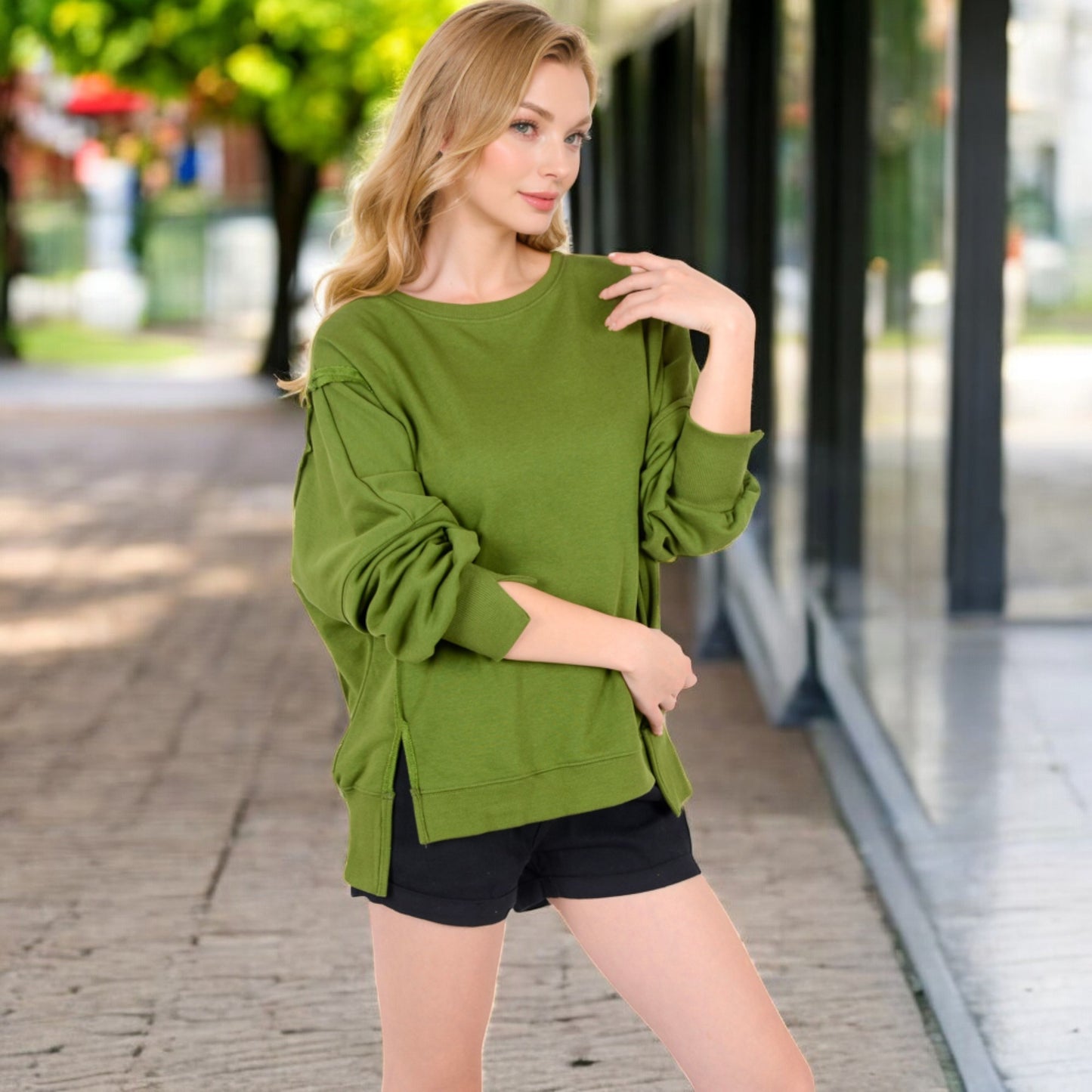Anna-Kaci Women's Oversized Long Sleeve Pullover Sweatshirt with Drop Shoulders and Side Slits