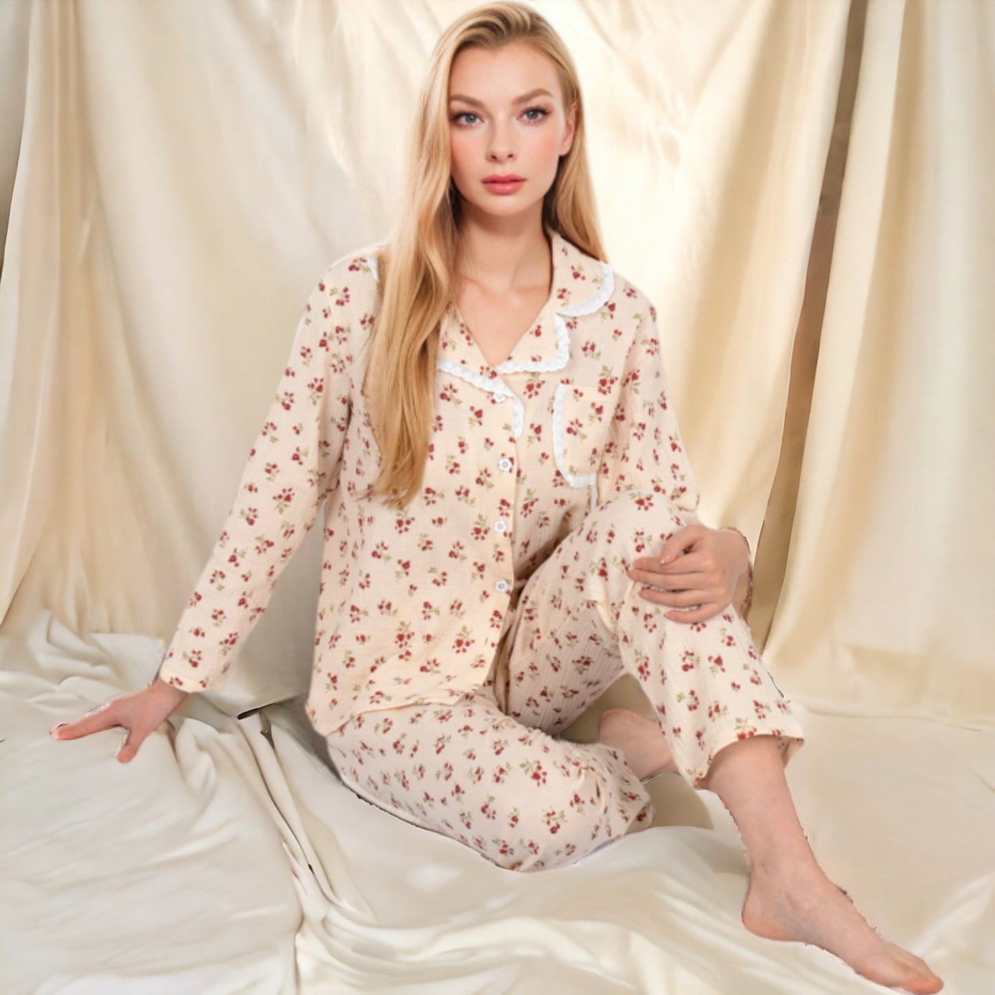 Anna-Kaci Women's Floral Print Button-Up Long Sleeve Pajama Set with Ruffle Details