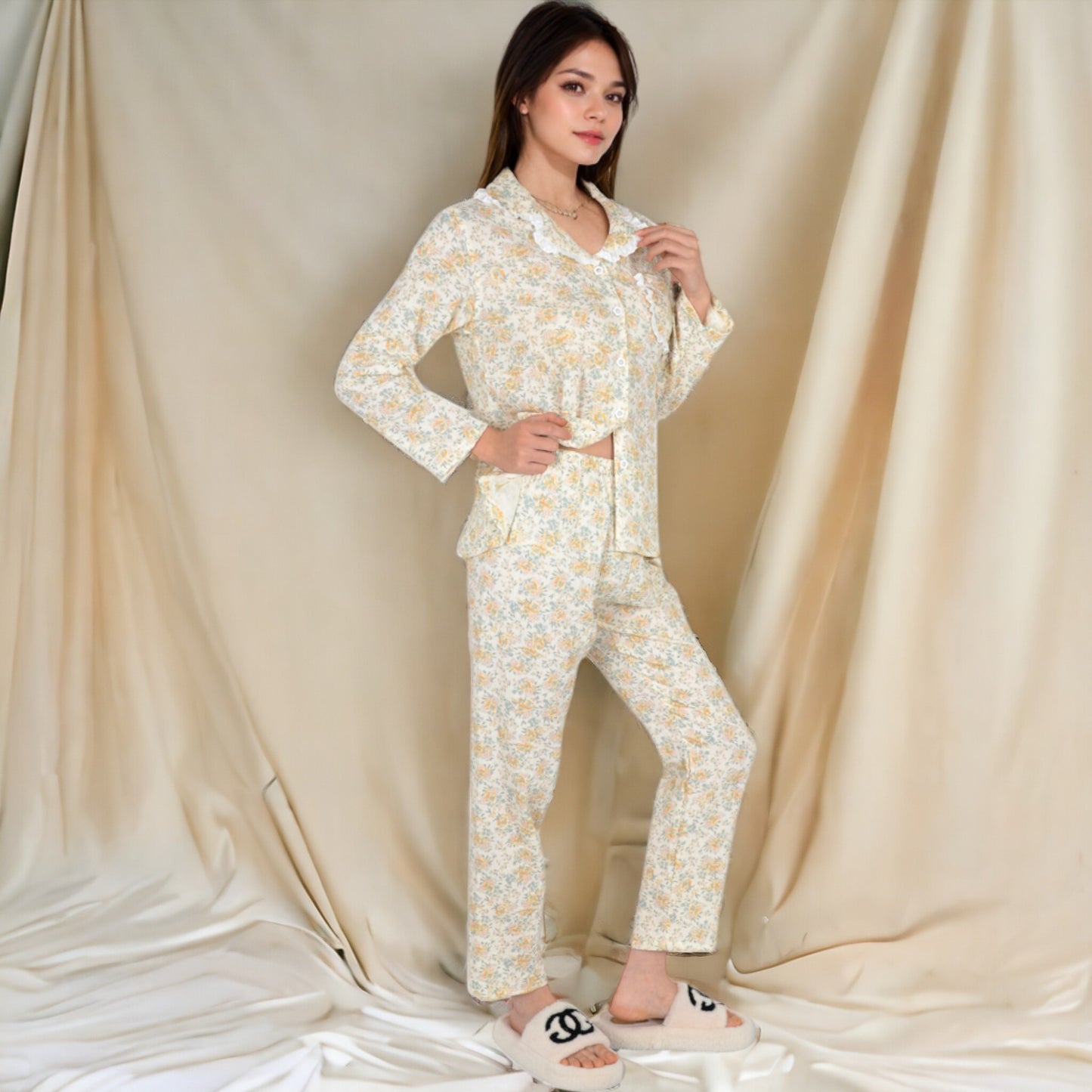 Anna-Kaci Women's Floral Print Button-Up Long Sleeve Pajama Set with Ruffle Details