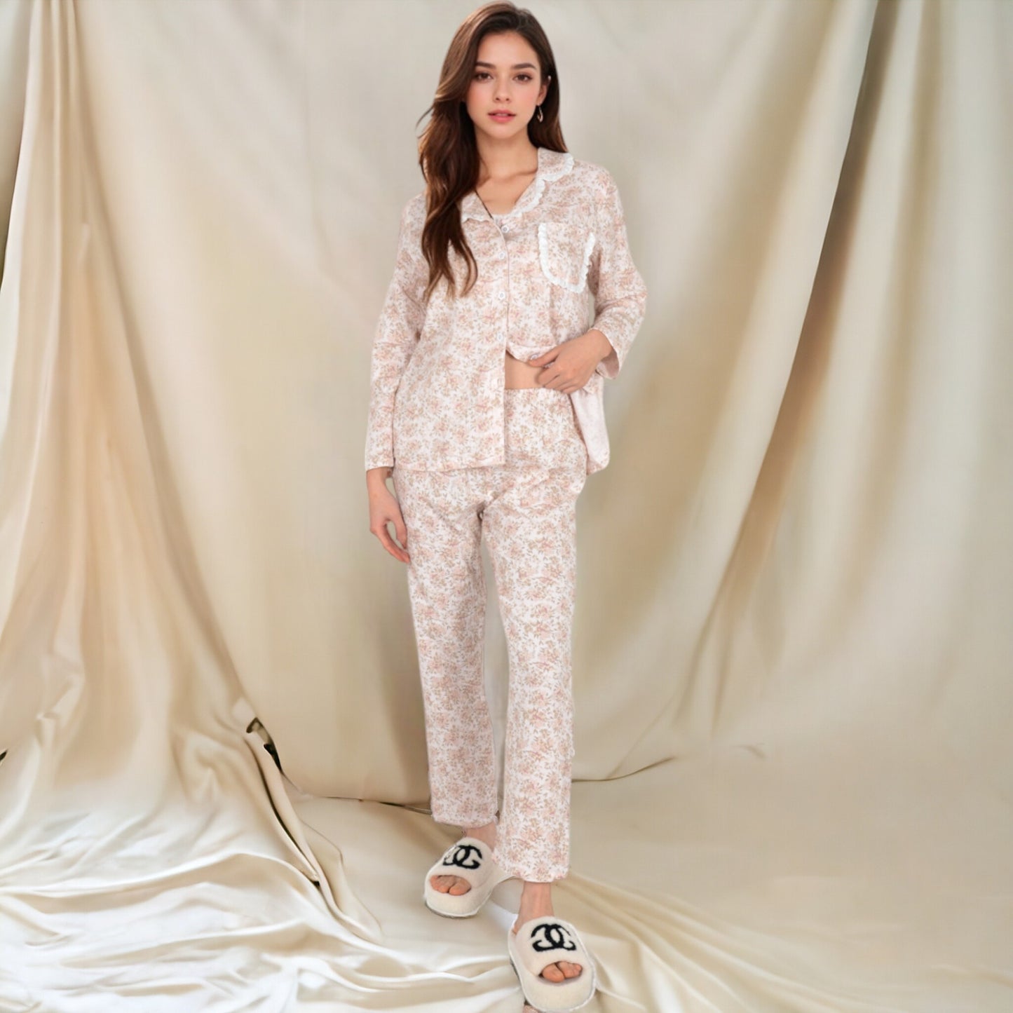 Anna-Kaci Women's Floral Print Button-Up Long Sleeve Pajama Set with Ruffle Details