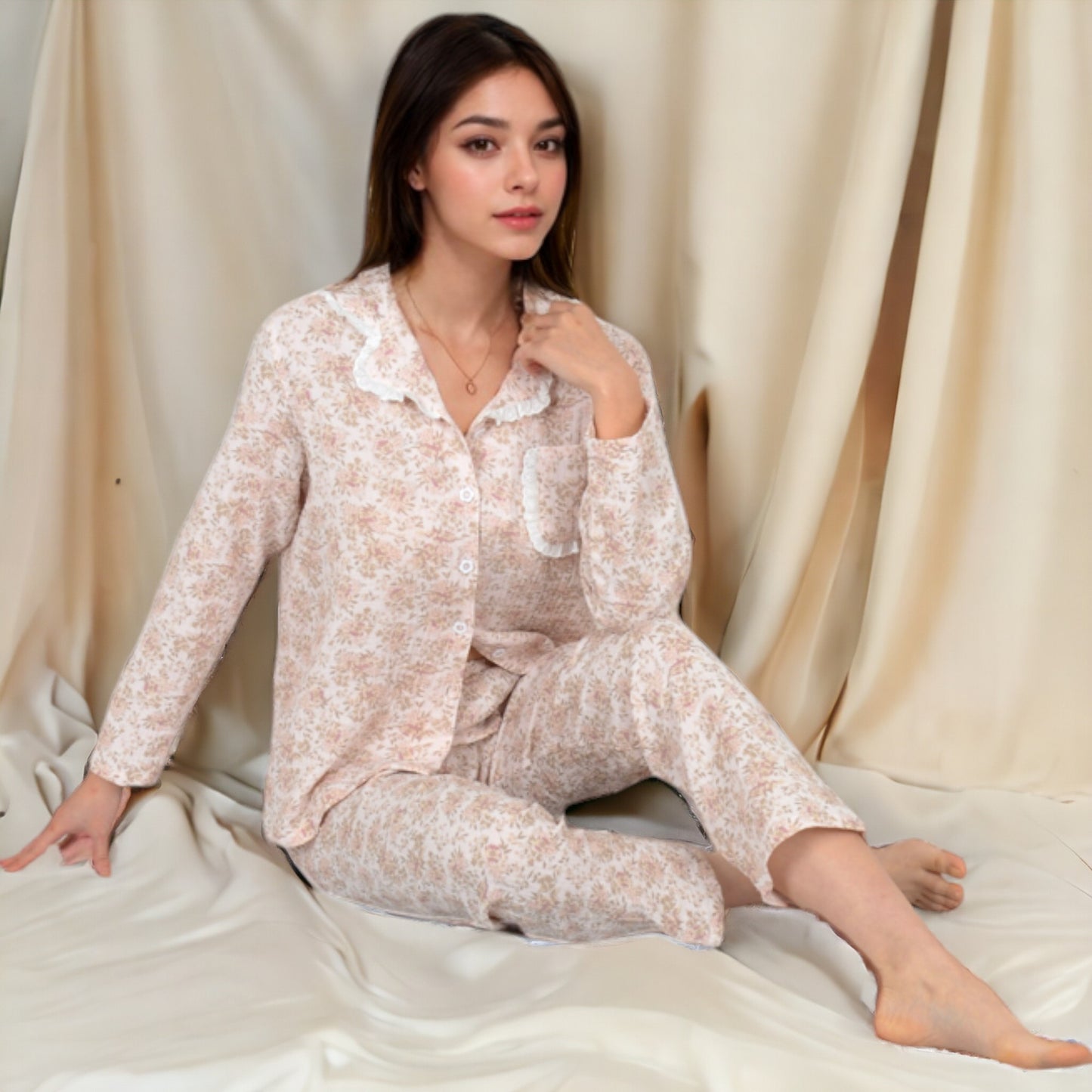Anna-Kaci Women's Floral Print Button-Up Long Sleeve Pajama Set with Ruffle Details