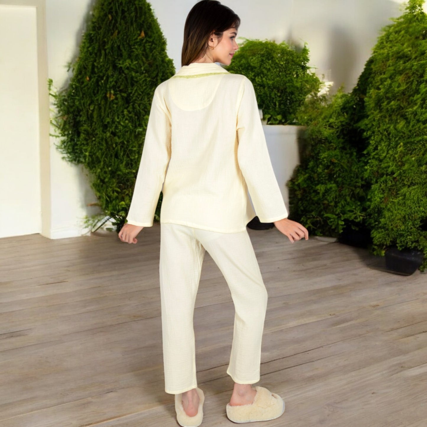 Anna-Kaci Women's Lightweight Gauze Pajama Set with Lace Trim and Button-Up Design