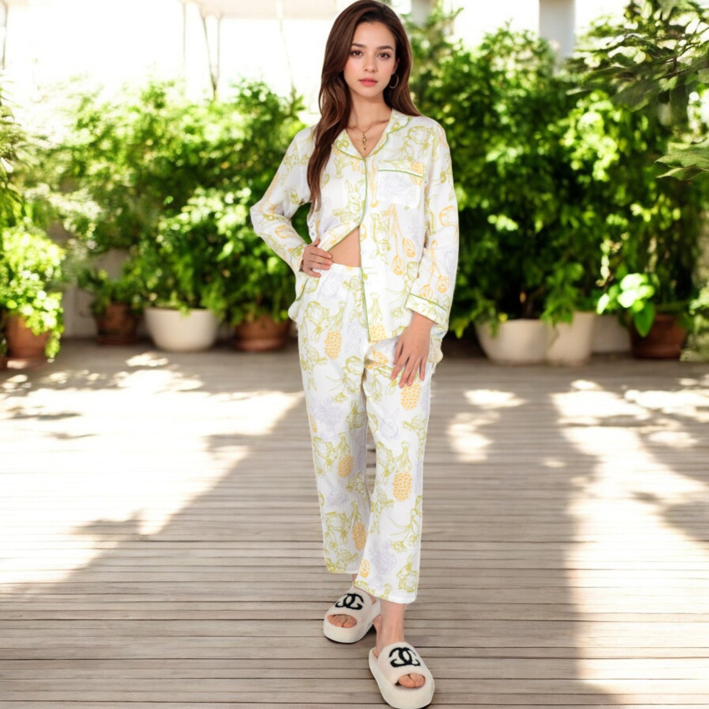 Anna-Kaci Women's Printed Gauze Pajama Set with Button-Up Shirt and Relaxed Fit Pants