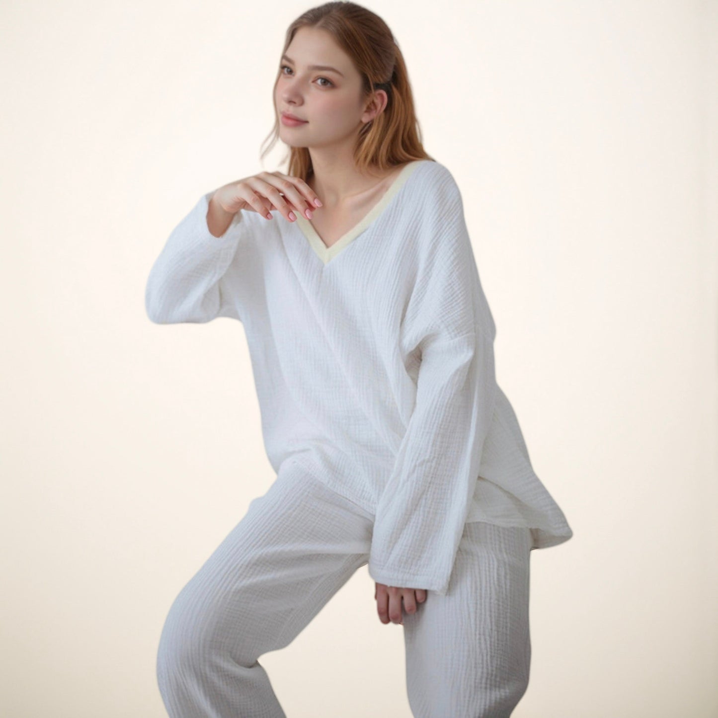 Anna-Kaci Lounge Women's Waffle Textured Lounge Set with V-Neck Top and Wide Leg Pants