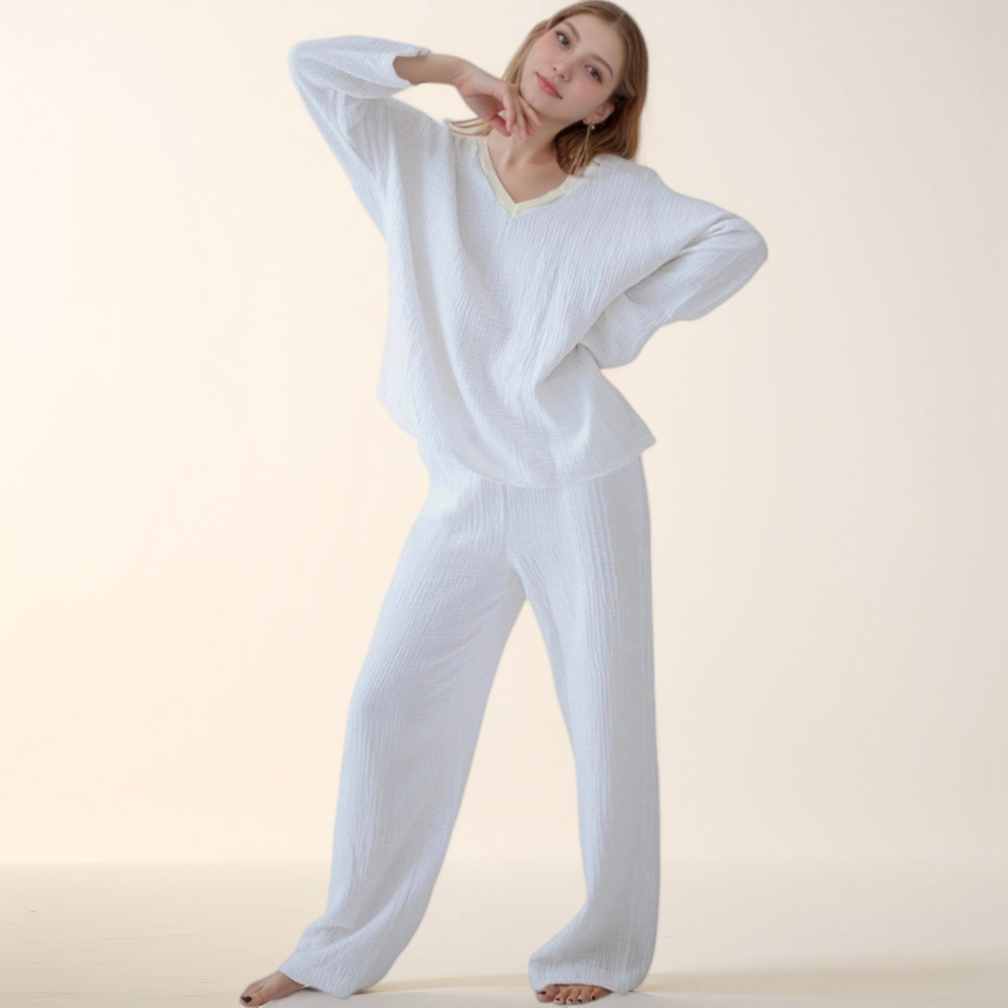 Anna-Kaci Lounge Women's Waffle Textured Lounge Set with V-Neck Top and Wide Leg Pants