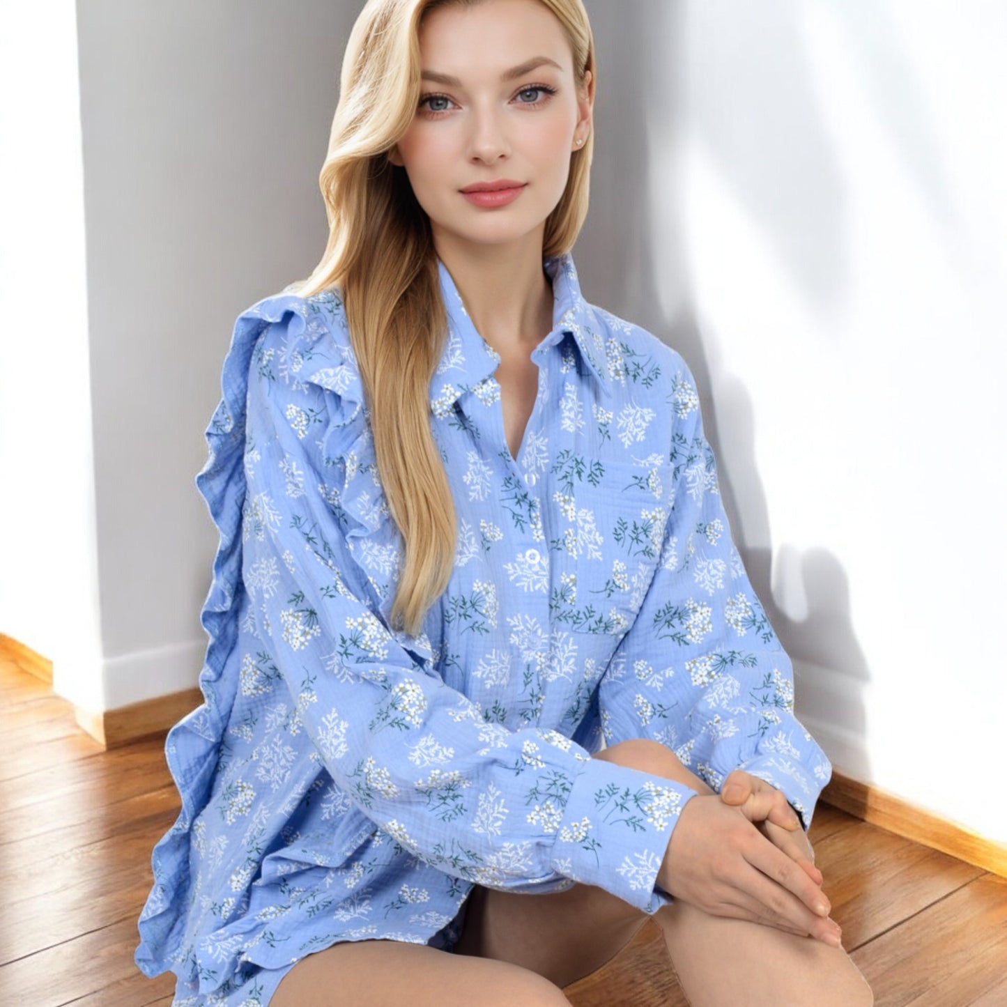 Anna-Kaci Women's Floral Ruffled Button-Down Shirt and Shorts Set