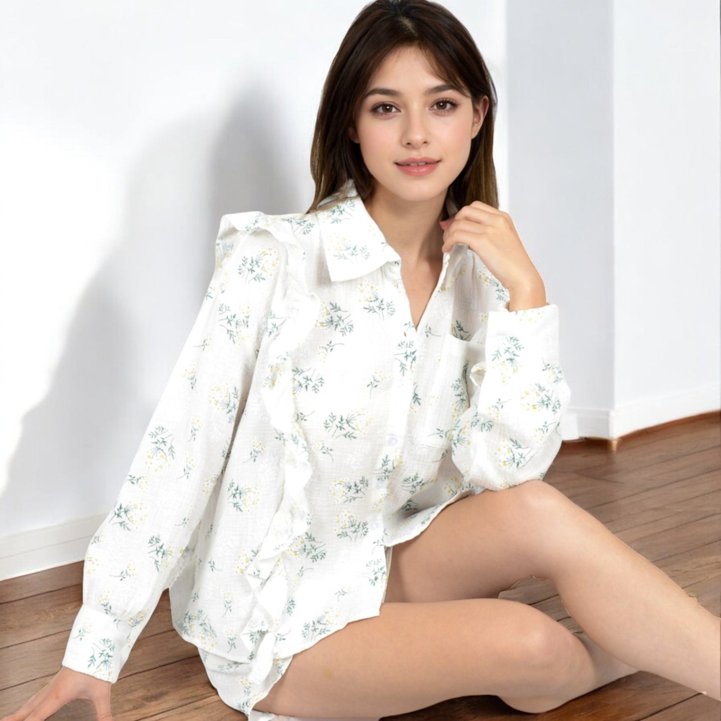 Anna-Kaci Women's Floral Ruffled Button-Down Shirt and Shorts Set