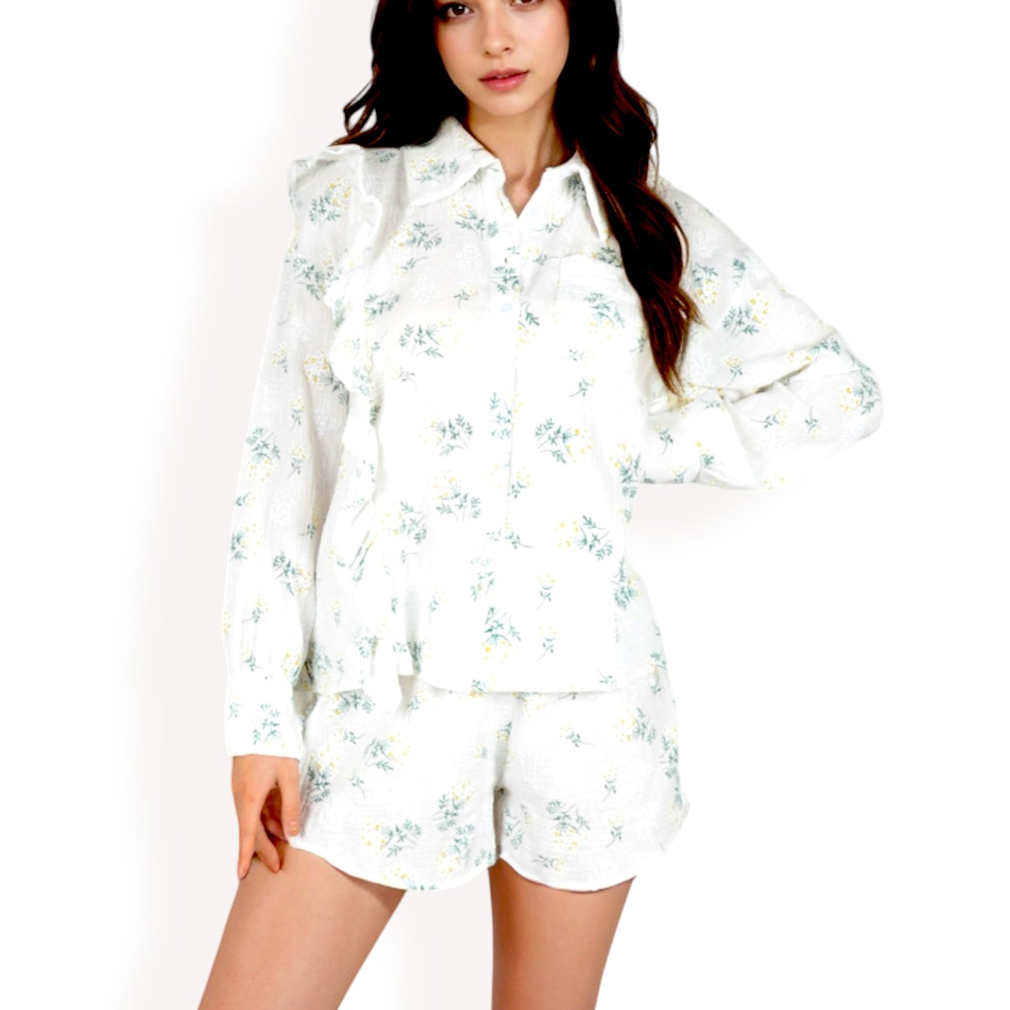 Anna-Kaci Women's Floral Ruffled Button-Down Shirt and Shorts Set