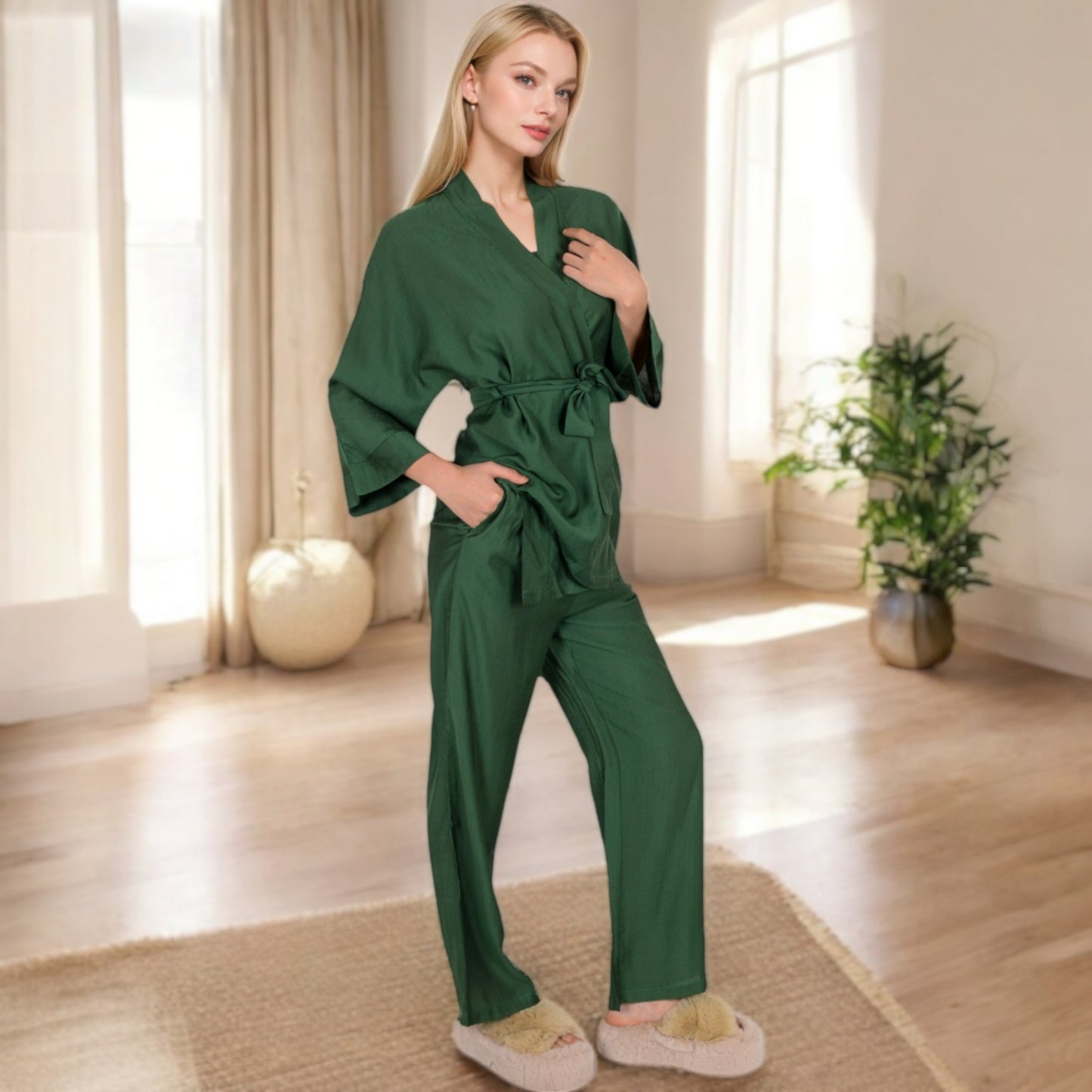 Anna-Kaci Women's Wrap Top and Wide-Leg Pants Set with Tie Waist