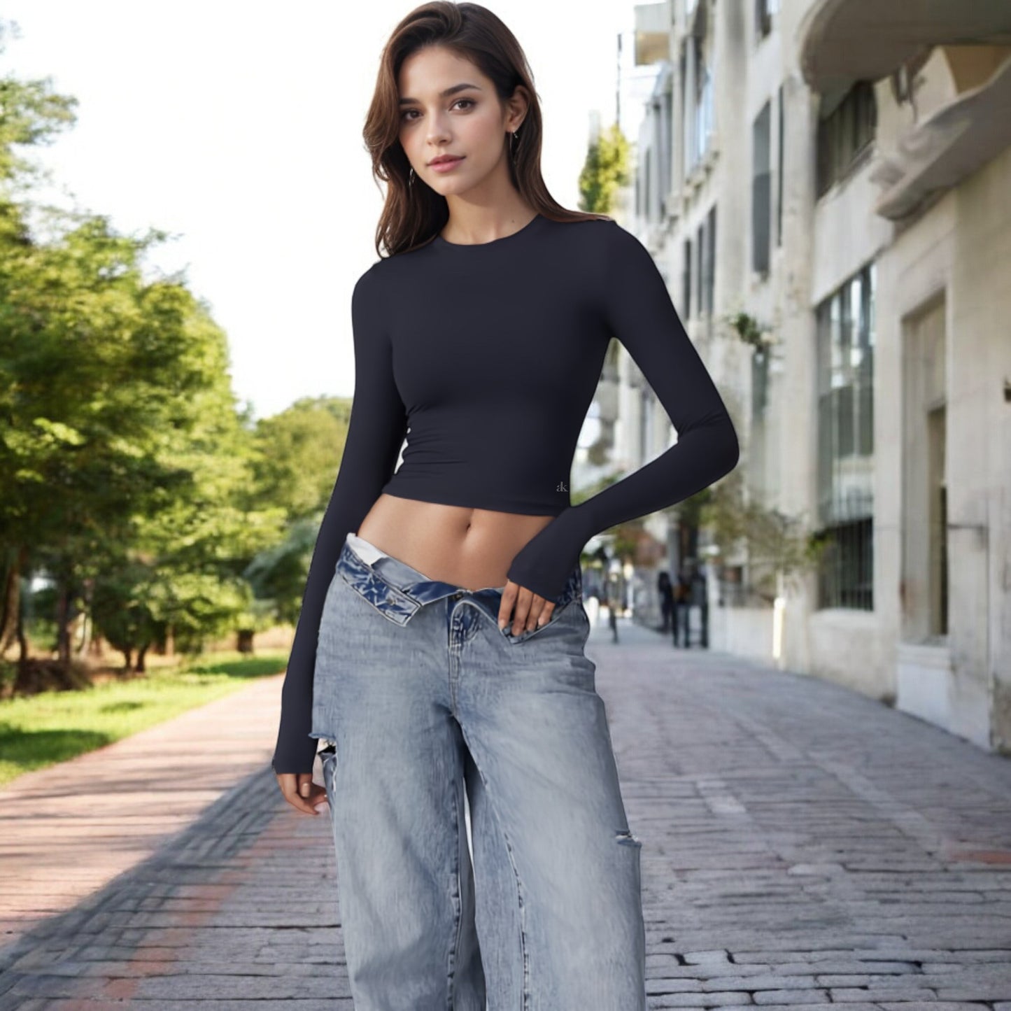 Anna-Kaci Women's Long Sleeve Cropped Crew Neck Top