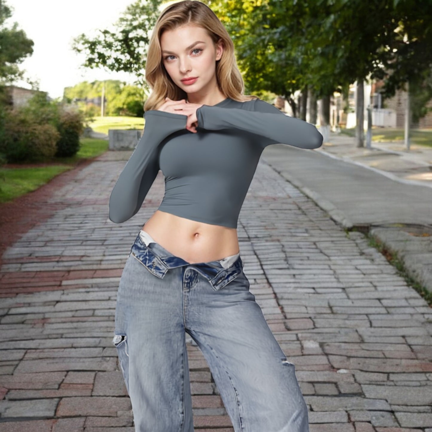 Anna-Kaci Women's Long Sleeve Cropped Crew Neck Top