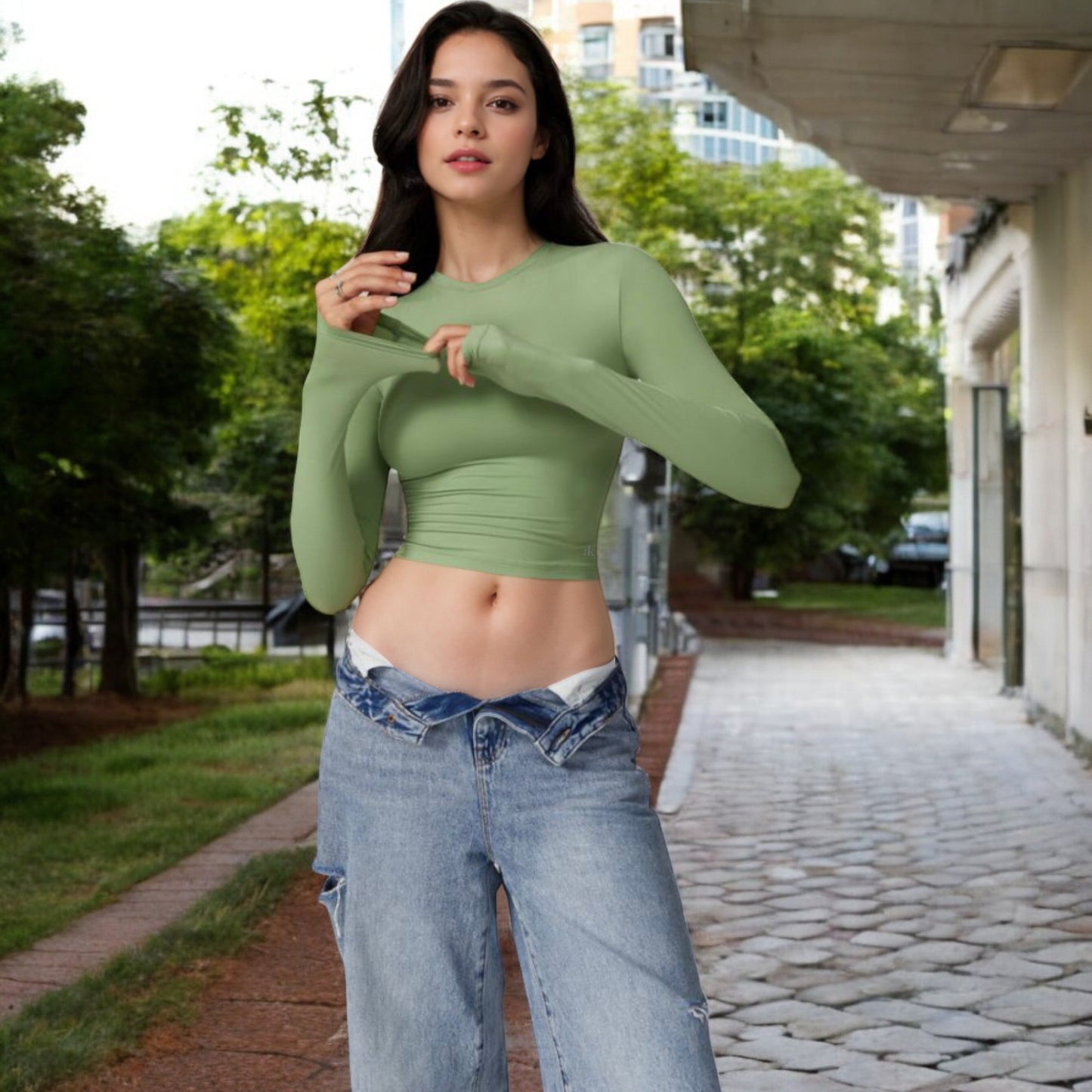 Anna-Kaci Women's Long Sleeve Cropped Crew Neck Top