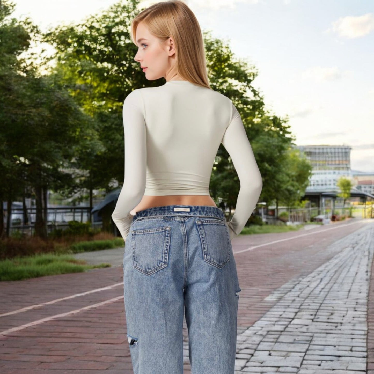 Anna-Kaci Women's Long Sleeve Cropped Crew Neck Top