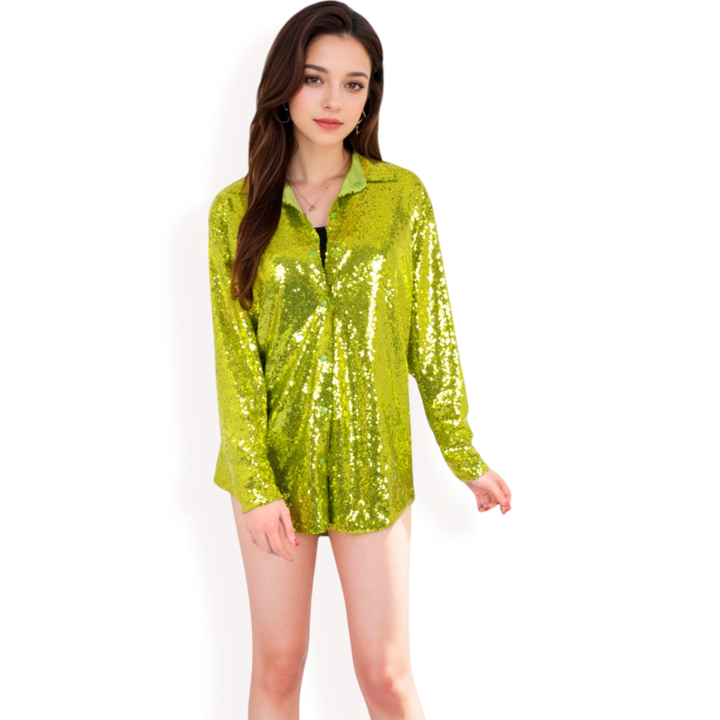 Anna-Kaci Women's Sequin Button-Down Shirt Dress with Long Sleeves