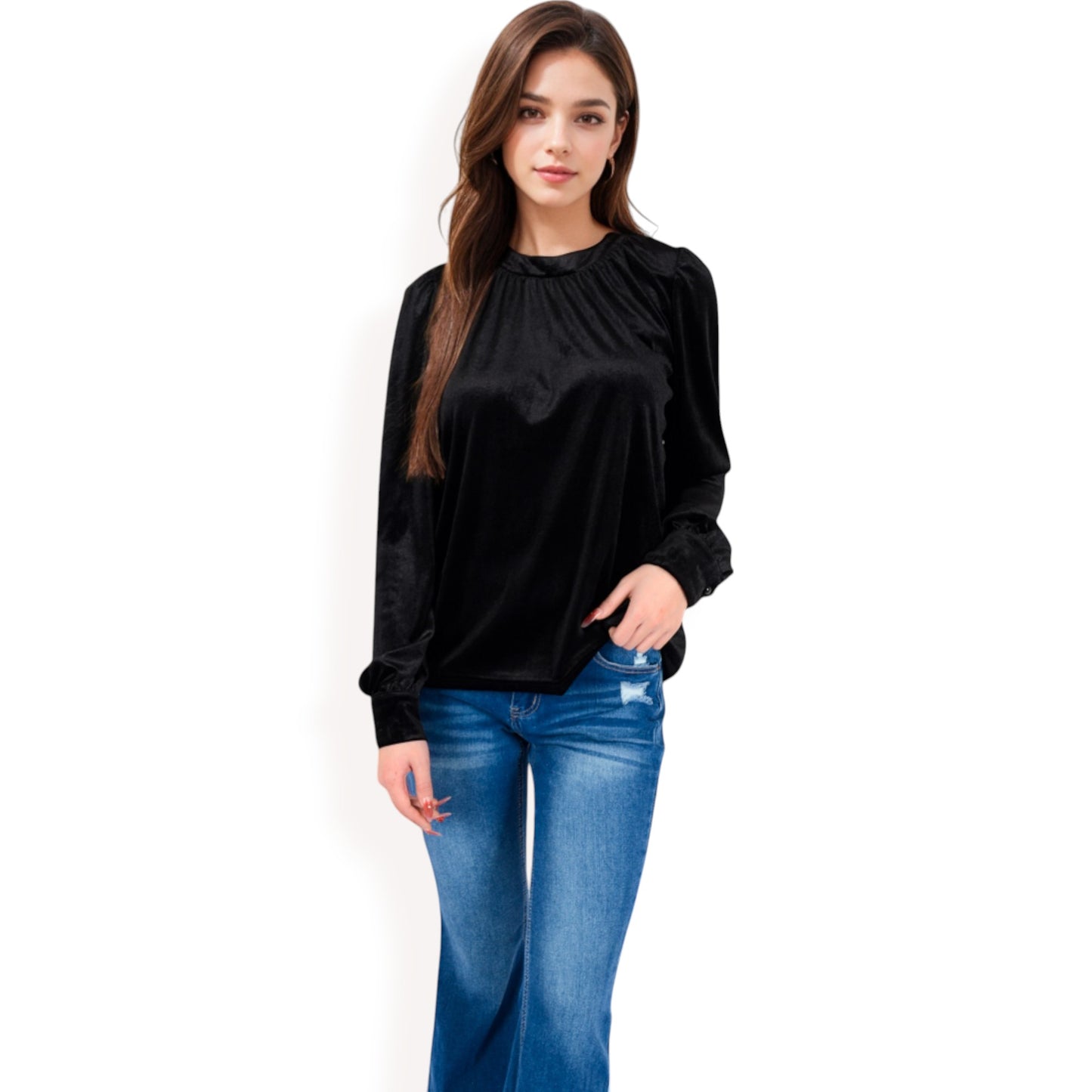 Anna-Kaci Women's Velvet Long Sleeve Top with Puff Shoulders