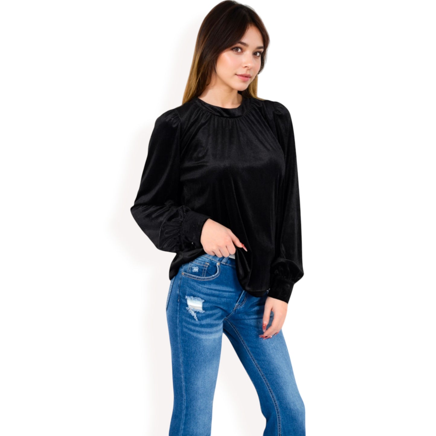 Anna-Kaci Women's Velvet Long Sleeve Top with Puff Shoulders