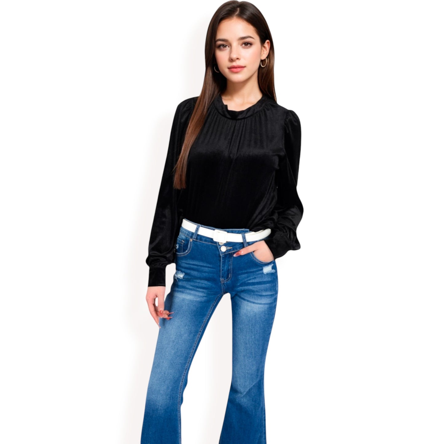 Anna-Kaci Women's Velvet Long Sleeve Top with Puff Shoulders