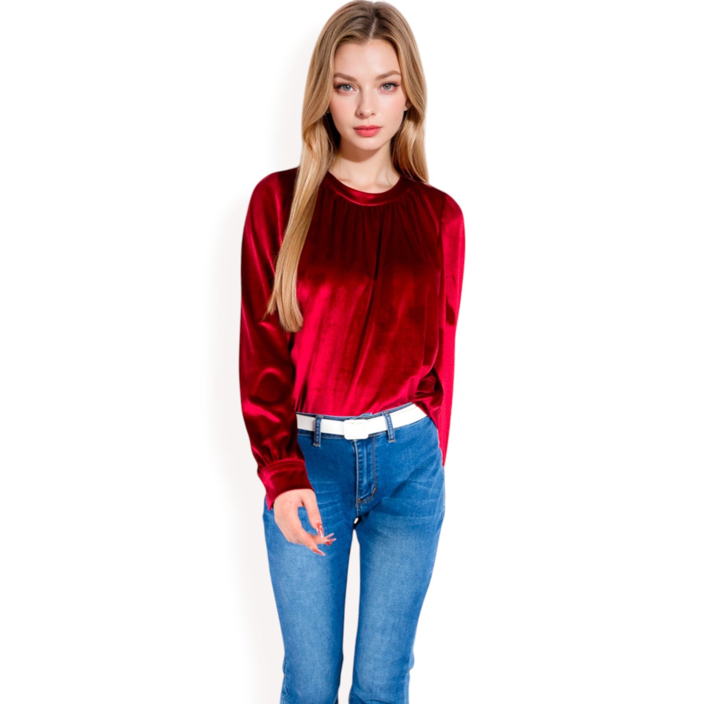 Anna-Kaci Women's Velvet Long Sleeve Top with Puff Shoulders