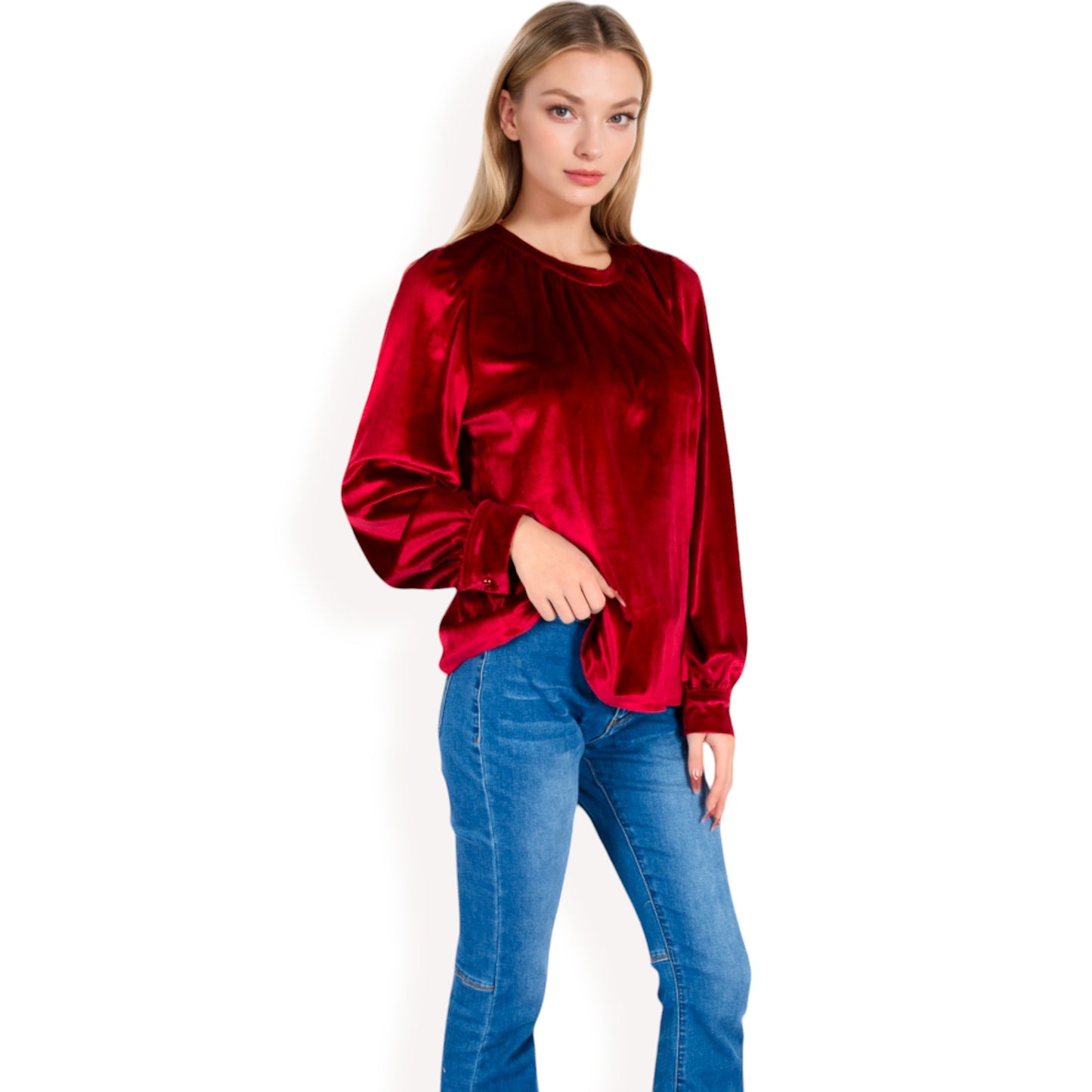 Anna-Kaci Women's Velvet Long Sleeve Top with Puff Shoulders