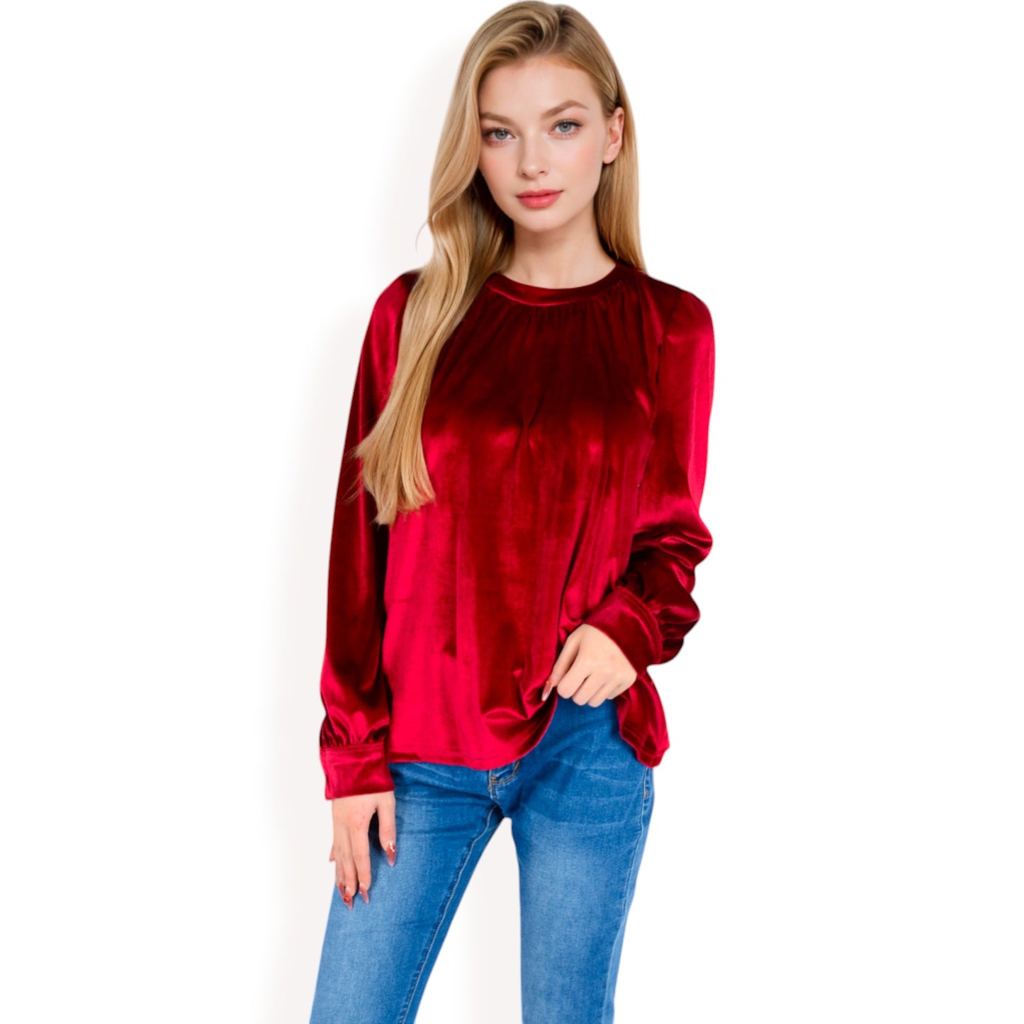 Anna-Kaci Women's Velvet Long Sleeve Top with Puff Shoulders