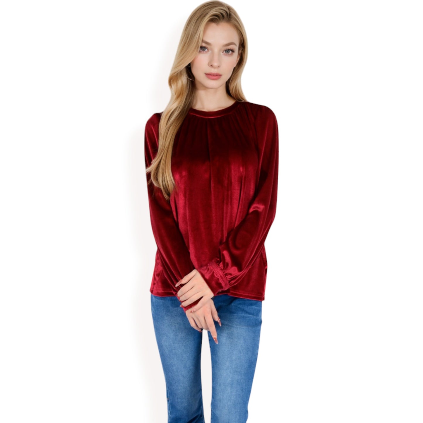 Anna-Kaci Women's Velvet Long Sleeve Top with Puff Shoulders