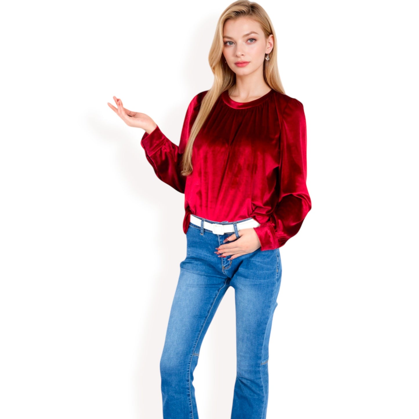 Anna-Kaci Women's Velvet Long Sleeve Top with Puff Shoulders
