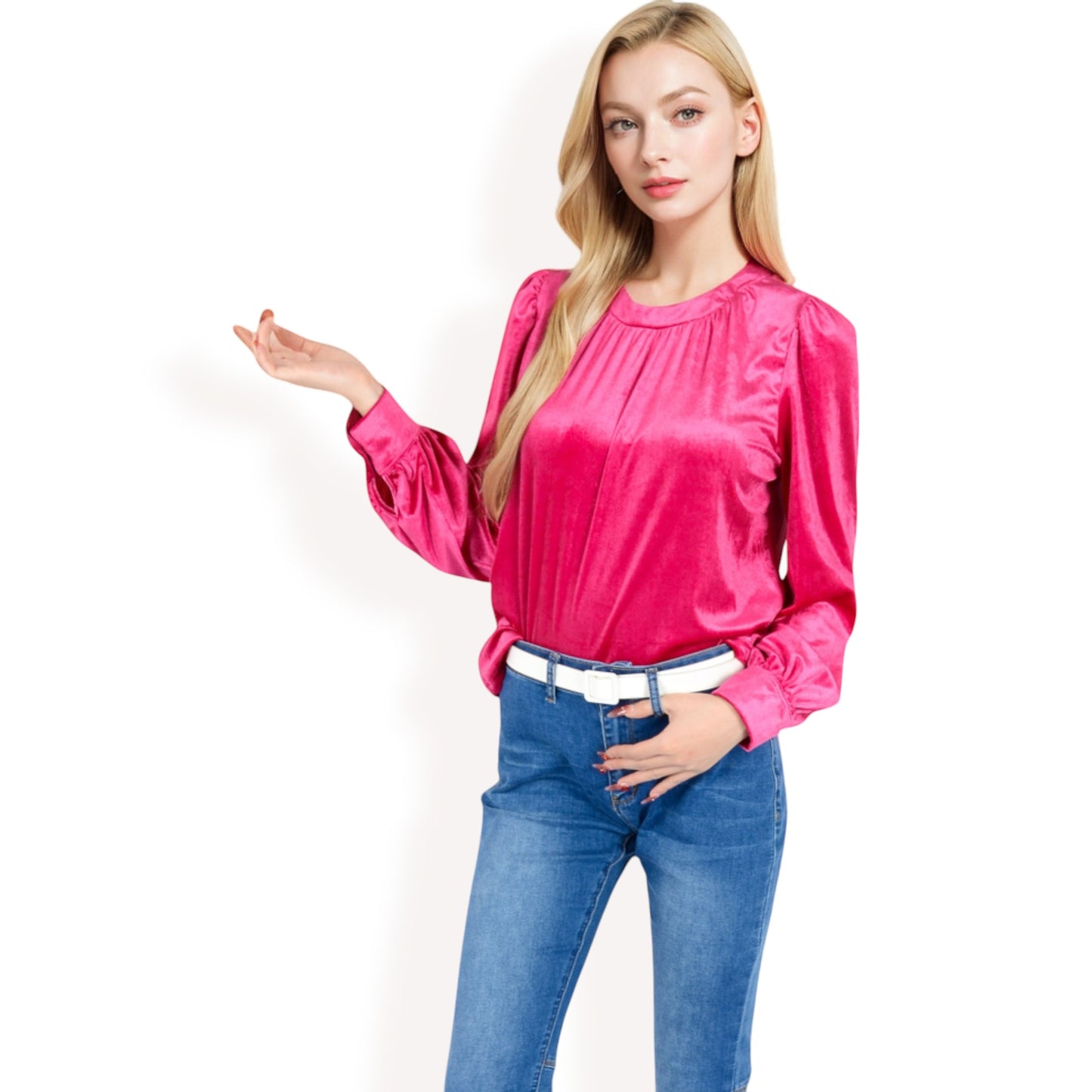 Anna-Kaci Women's Velvet Long Sleeve Top with Puff Shoulders