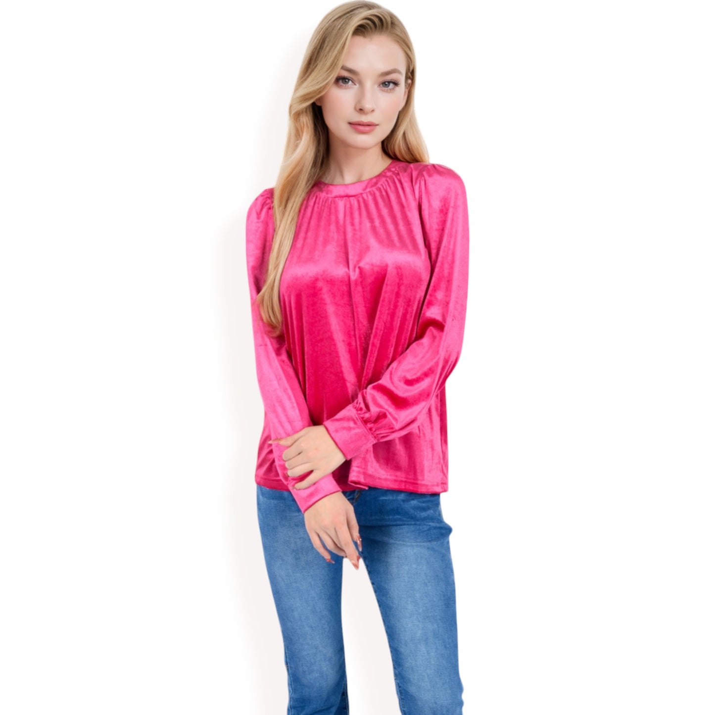 Anna-Kaci Women's Velvet Long Sleeve Top with Puff Shoulders