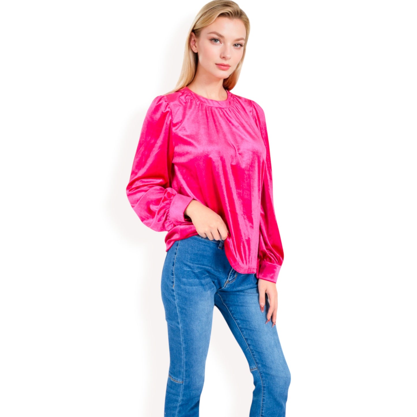 Anna-Kaci Women's Velvet Long Sleeve Top with Puff Shoulders