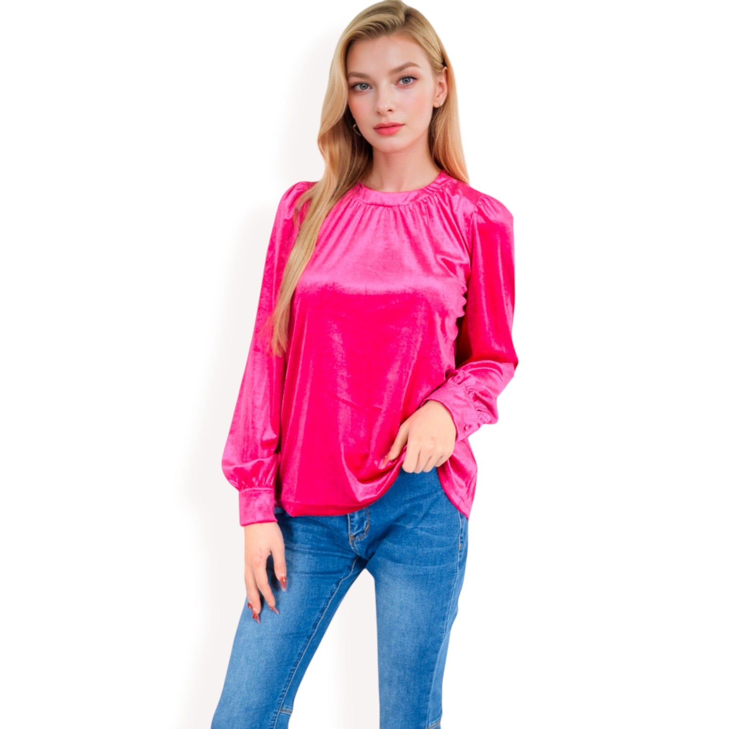 Anna-Kaci Women's Velvet Long Sleeve Top with Puff Shoulders