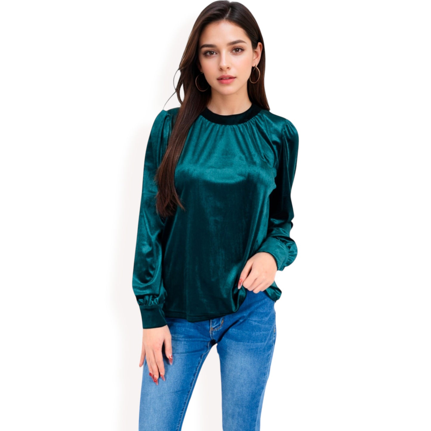 Anna-Kaci Women's Velvet Long Sleeve Top with Puff Shoulders