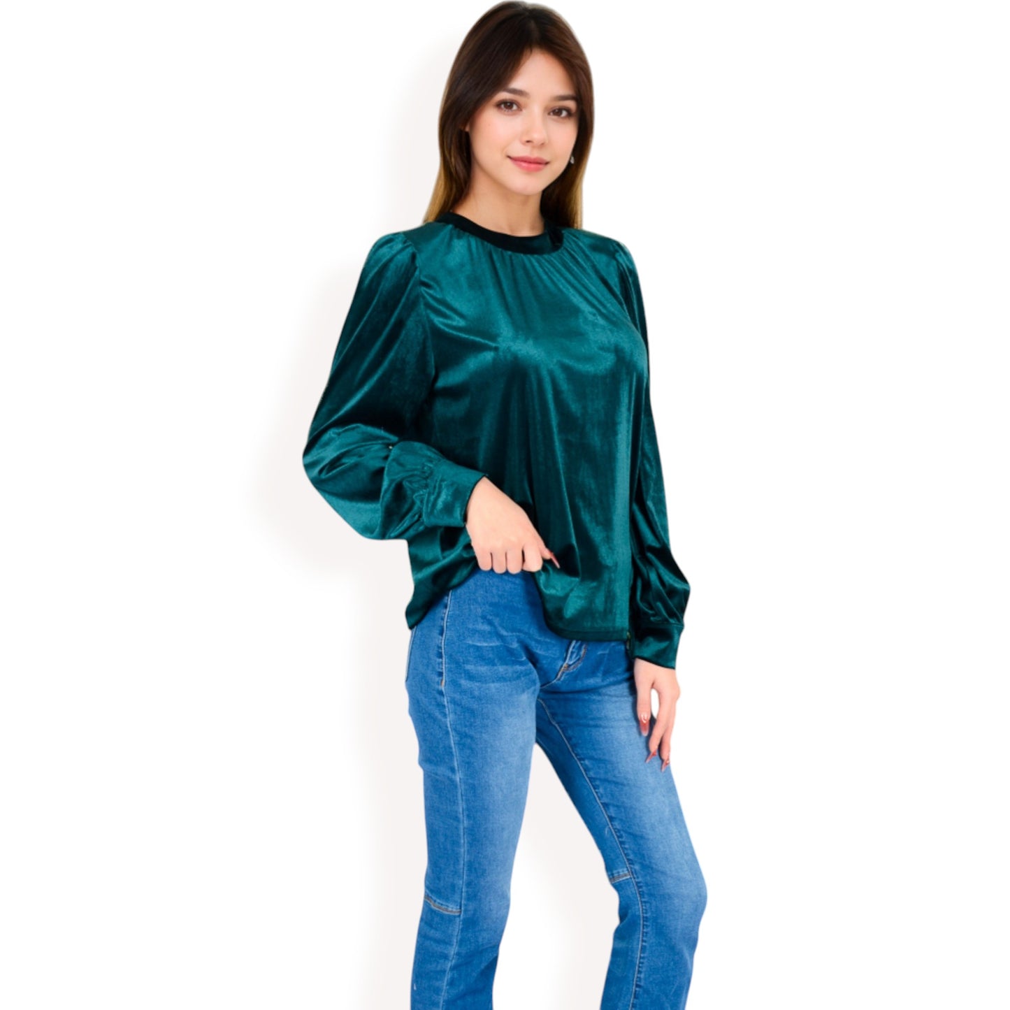 Anna-Kaci Women's Velvet Long Sleeve Top with Puff Shoulders