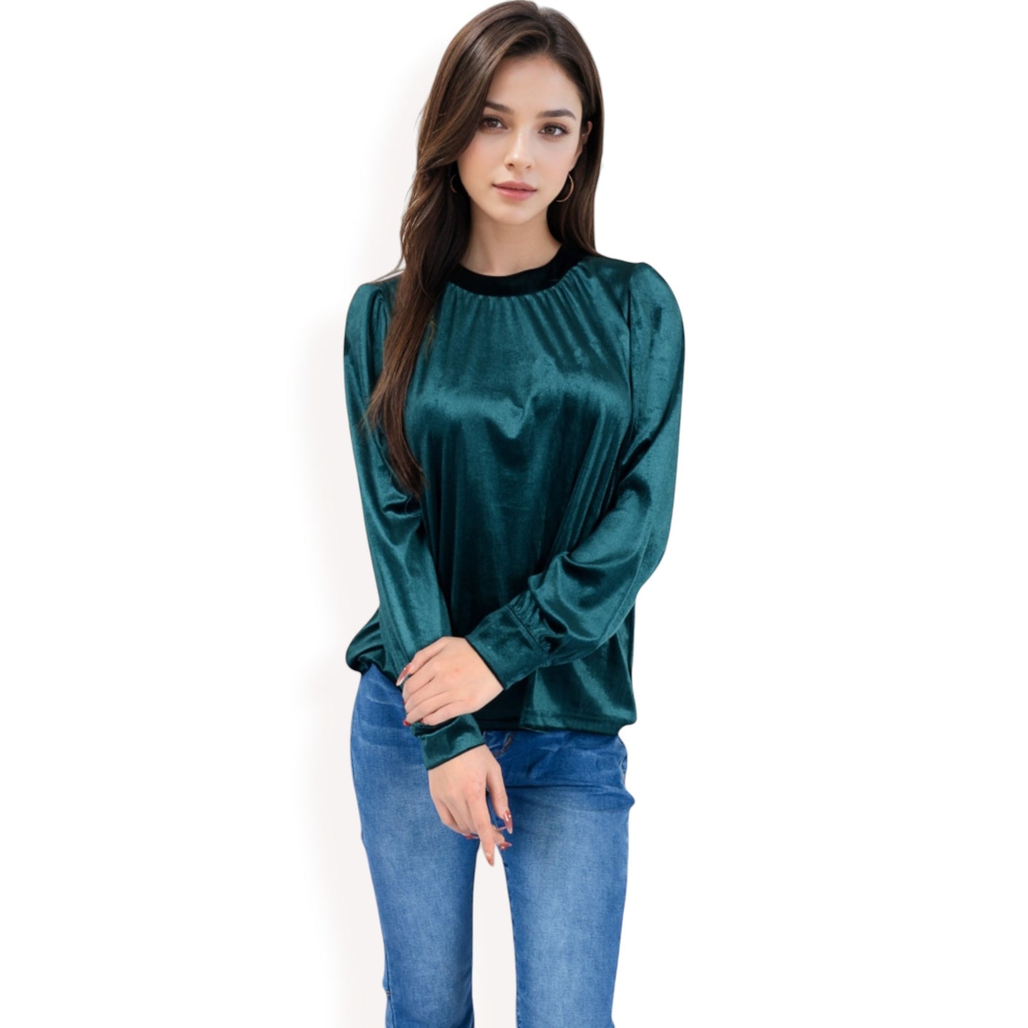 Anna-Kaci Women's Velvet Long Sleeve Top with Puff Shoulders