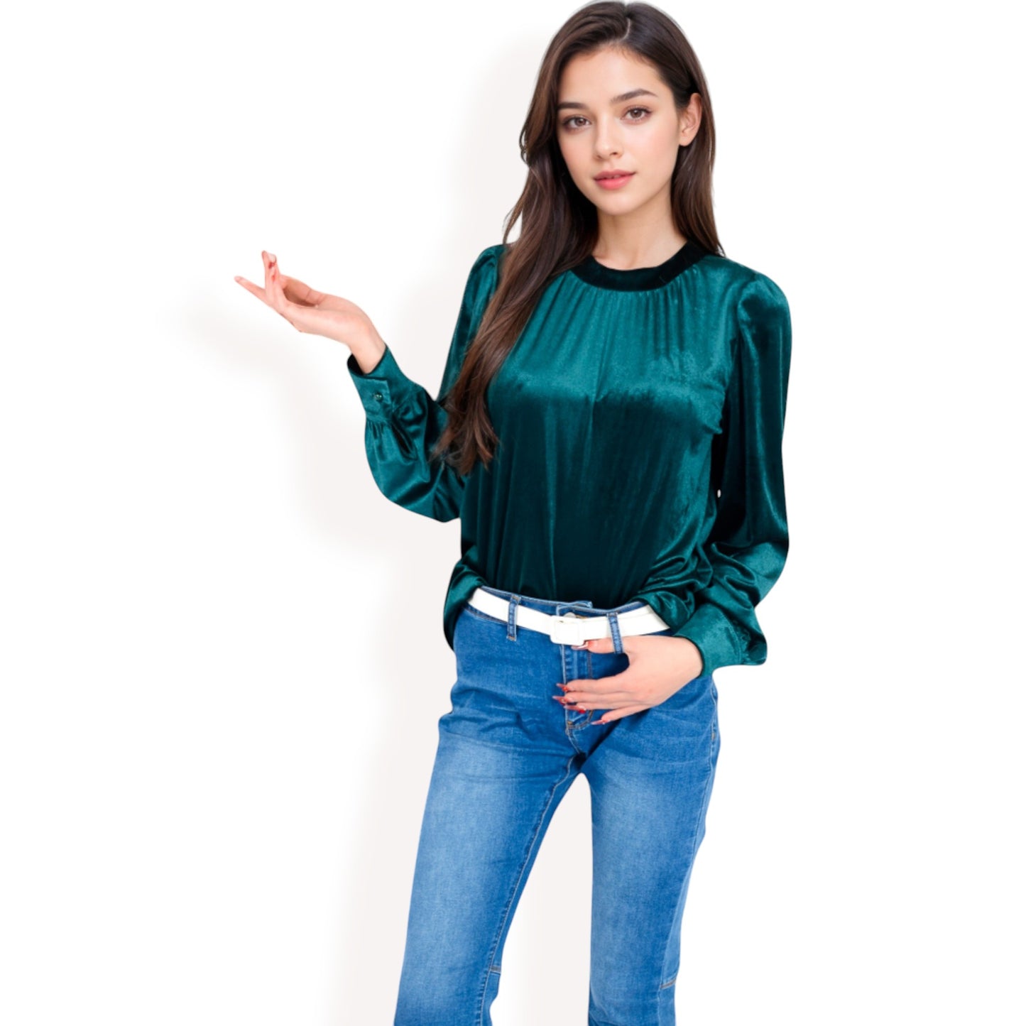 Anna-Kaci Women's Velvet Long Sleeve Top with Puff Shoulders