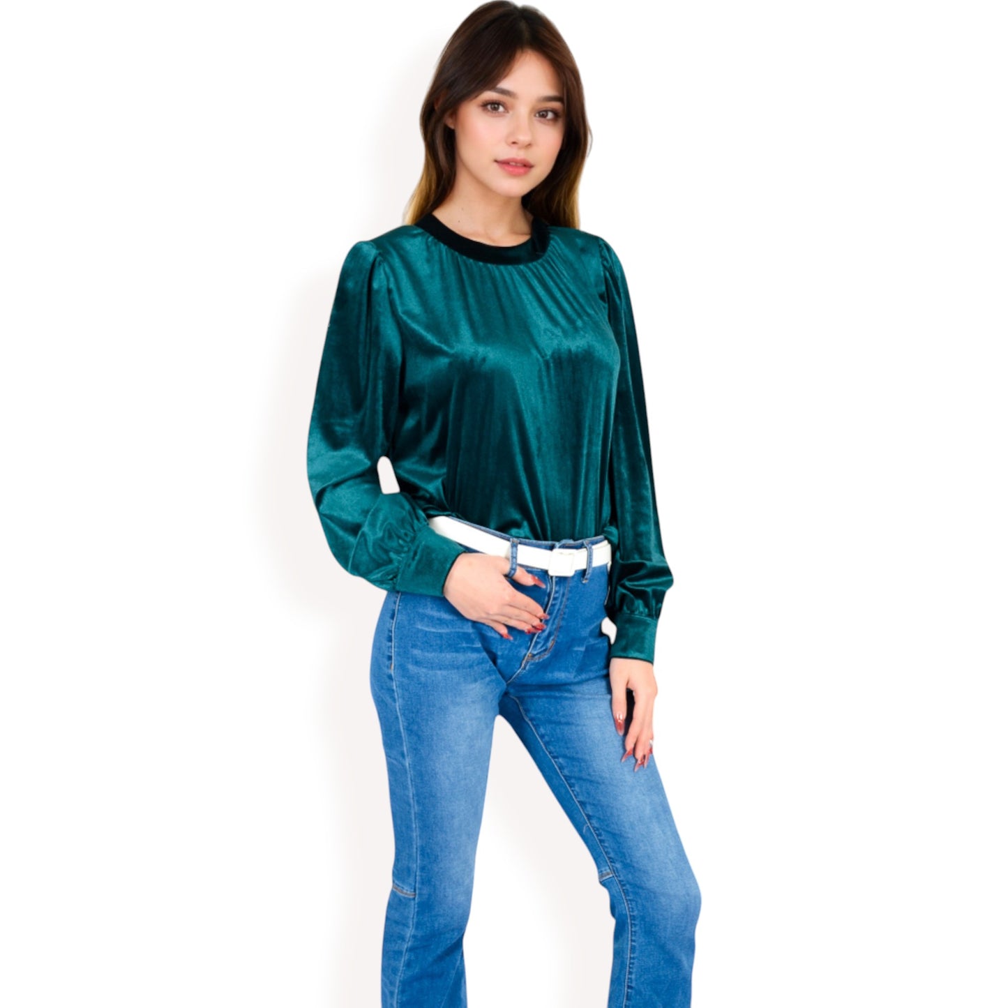 Anna-Kaci Women's Velvet Long Sleeve Top with Puff Shoulders