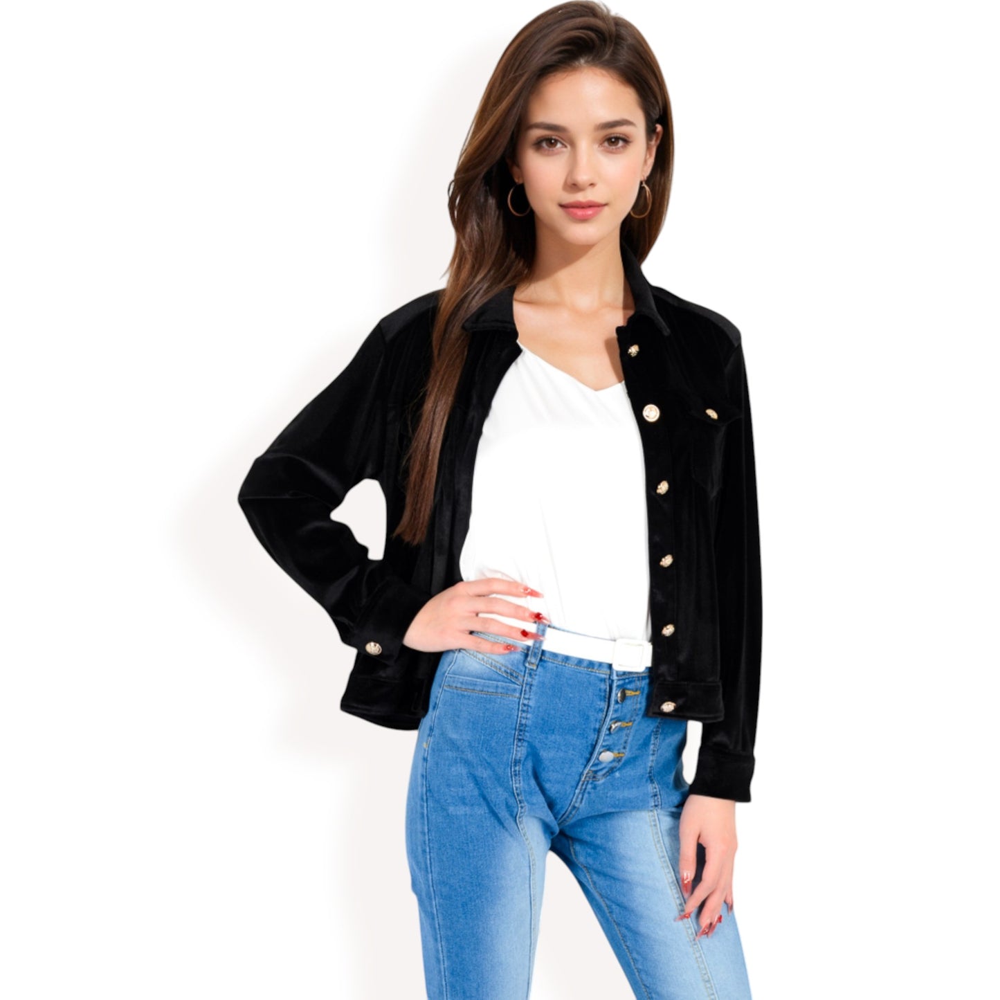 Anna-Kaci Women's Button-Up Velvet Jacket with Chest Pockets