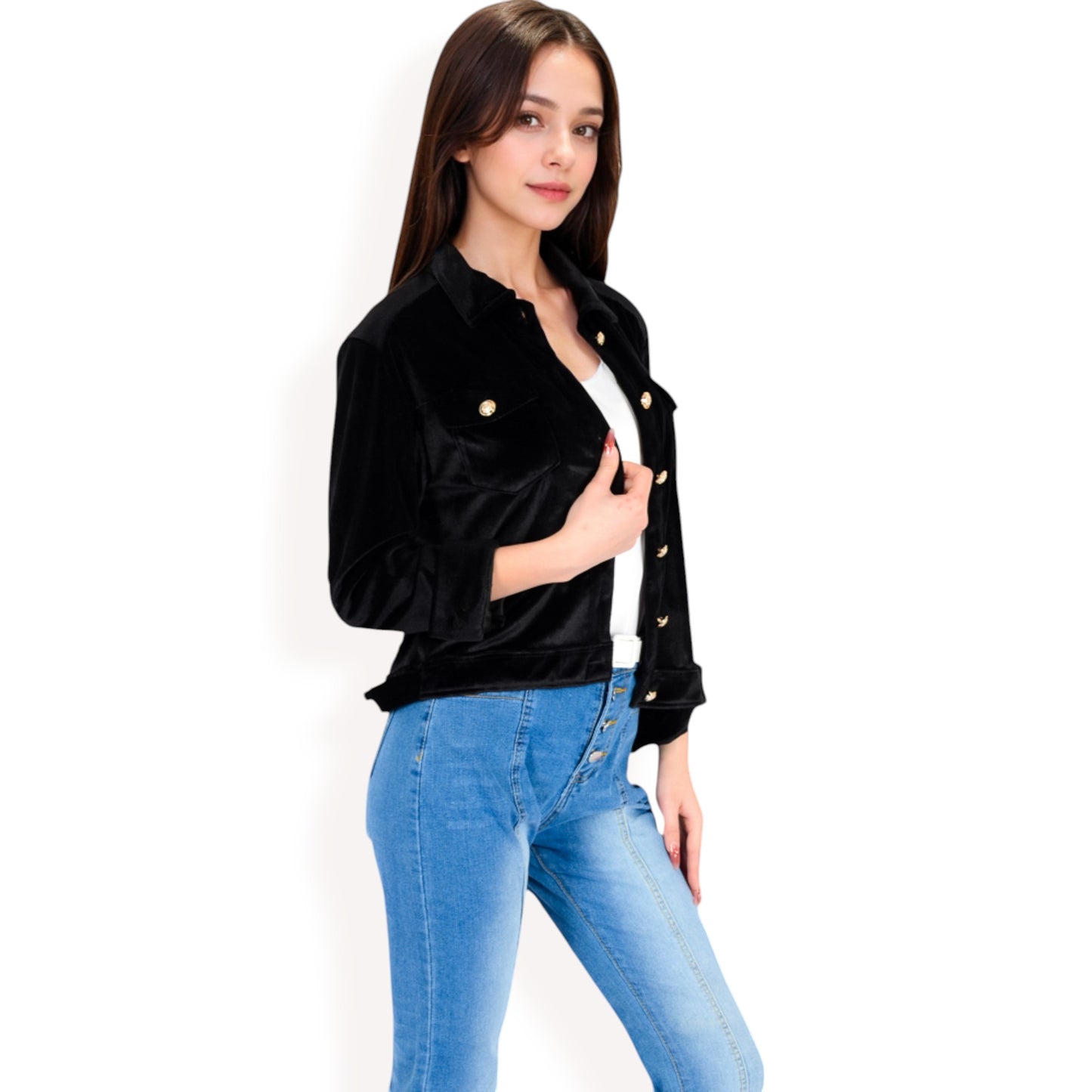 Anna-Kaci Women's Button-Up Velvet Jacket with Chest Pockets